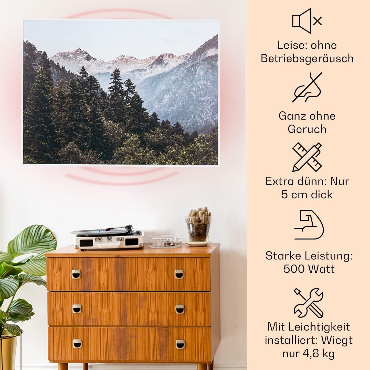 Berglandschaft - Infrarotheizung mit Thermostat, 80 x 60 cm / 500W Berglandschaft - Weiss