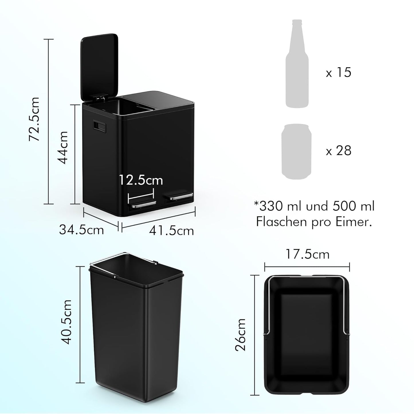 Rutschfester Doppelmülleimer, Schwarz 30L (2x15L)