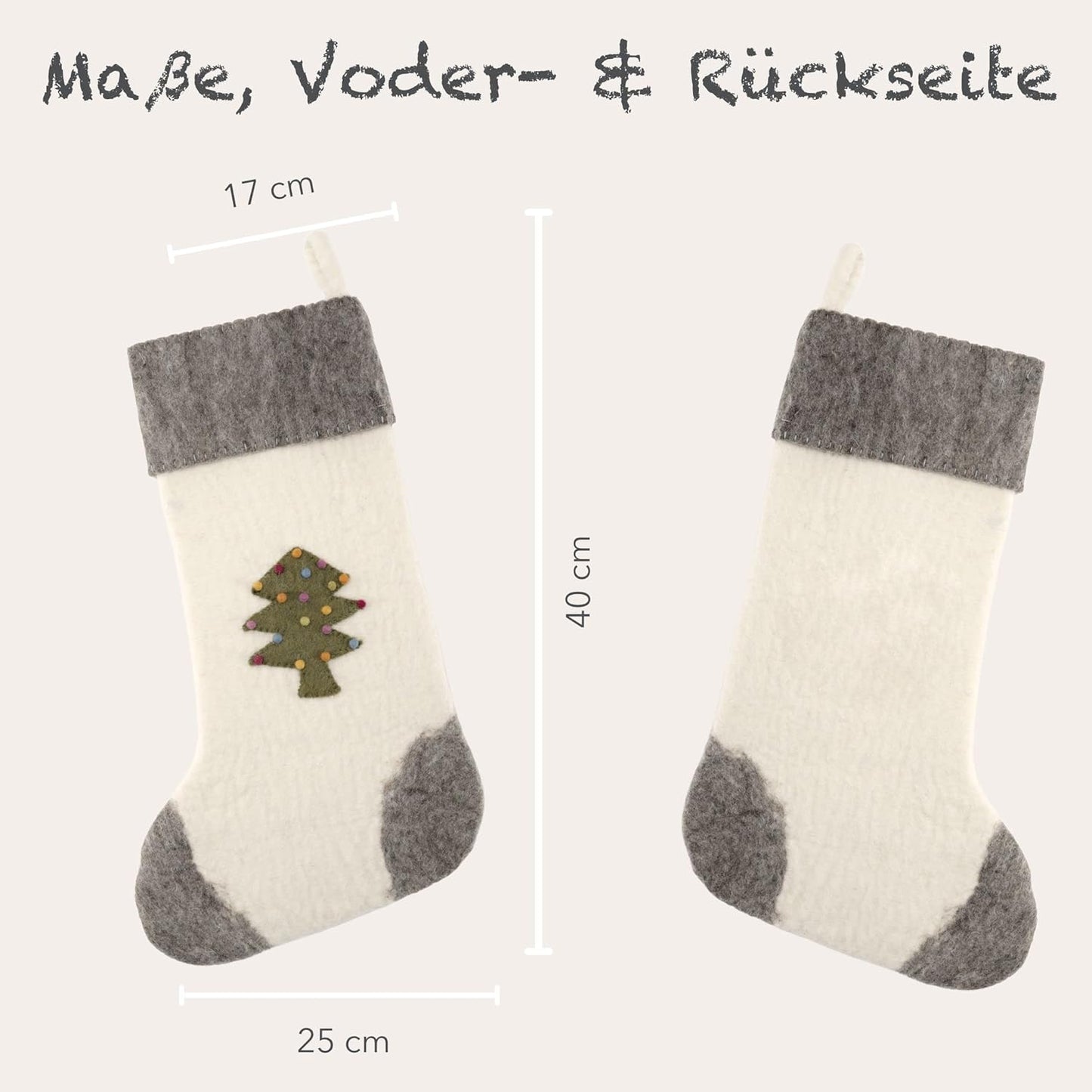 Handgefilzter Nikolausstrumpf mit Christbaum-Motiv, Socken mit Weihnachtsbaum