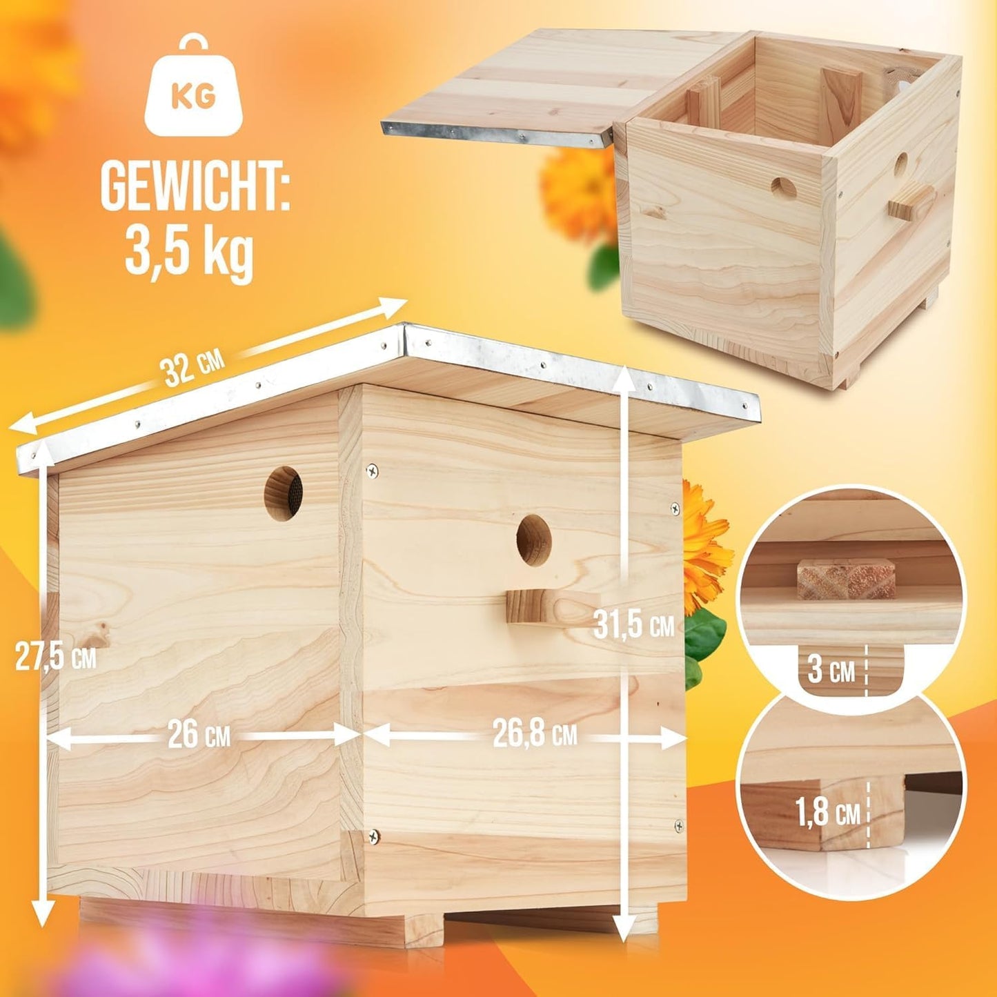 Hummelhaus mit Wachsmottensperre & Nistmaterial, mit Vorbau und Wachsmottensperre