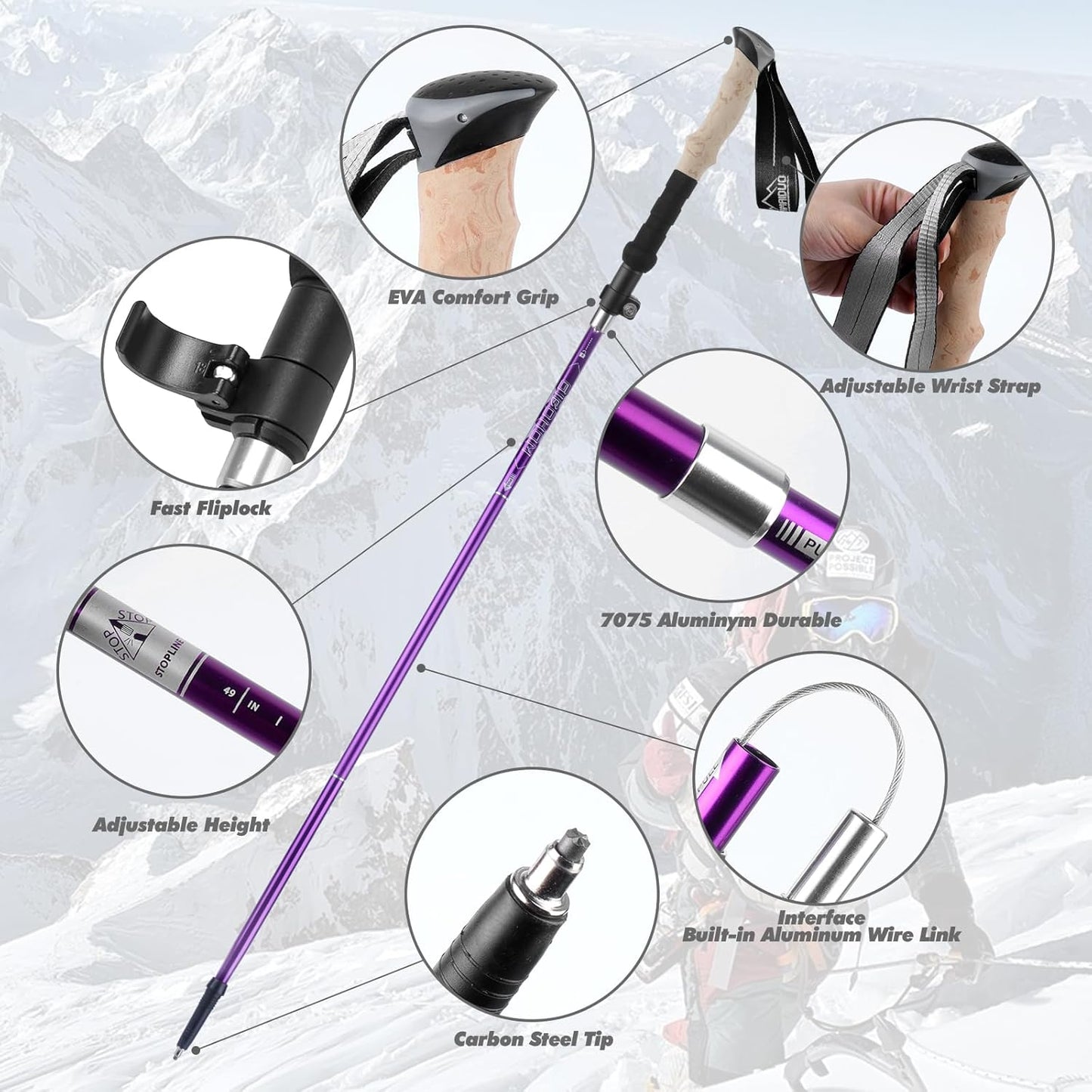 Teleskop-Wanderstöcke faltbar 105-125 cm, Violett