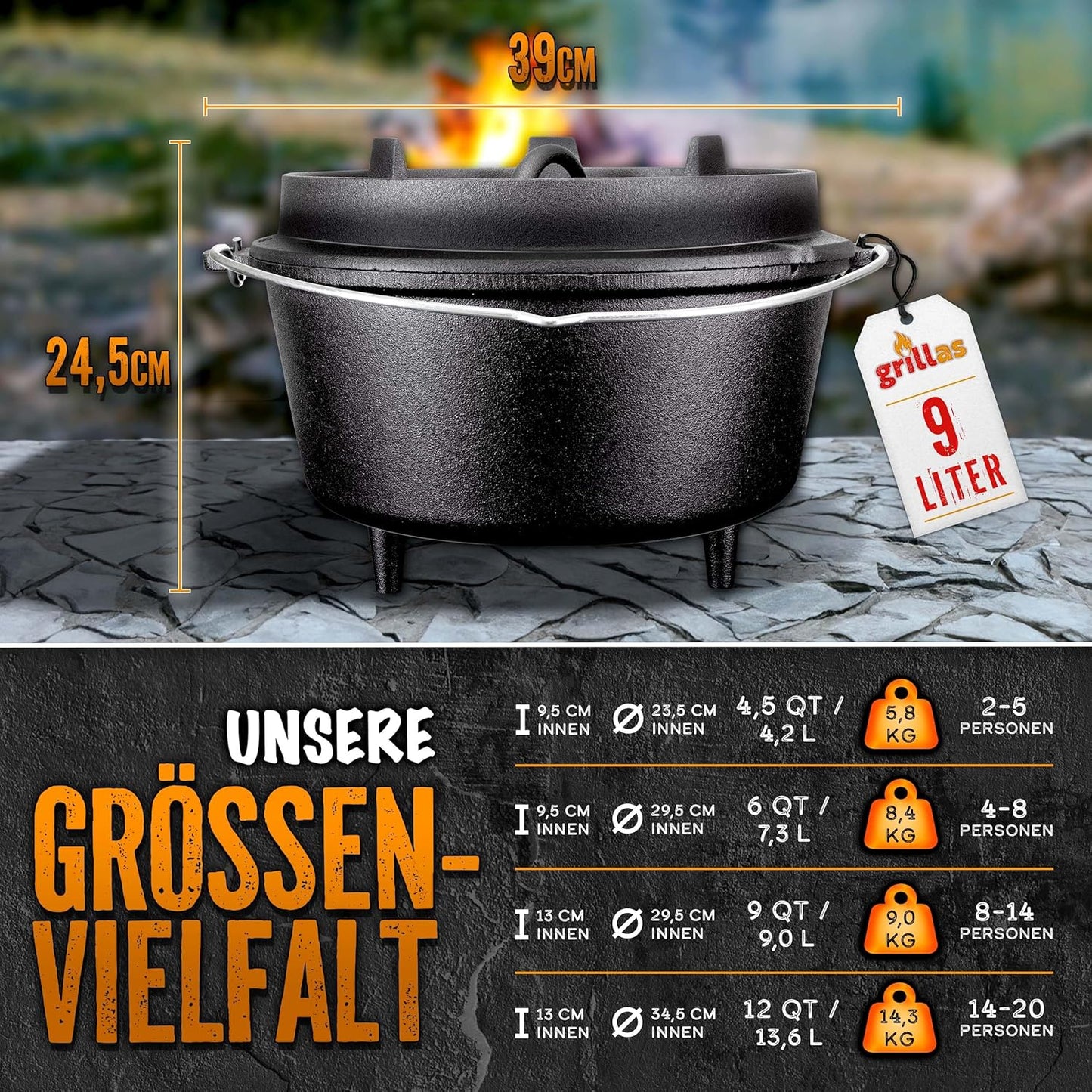 Dutch Oven Set, Topf mit Füsse 9 Liter / 9 QT