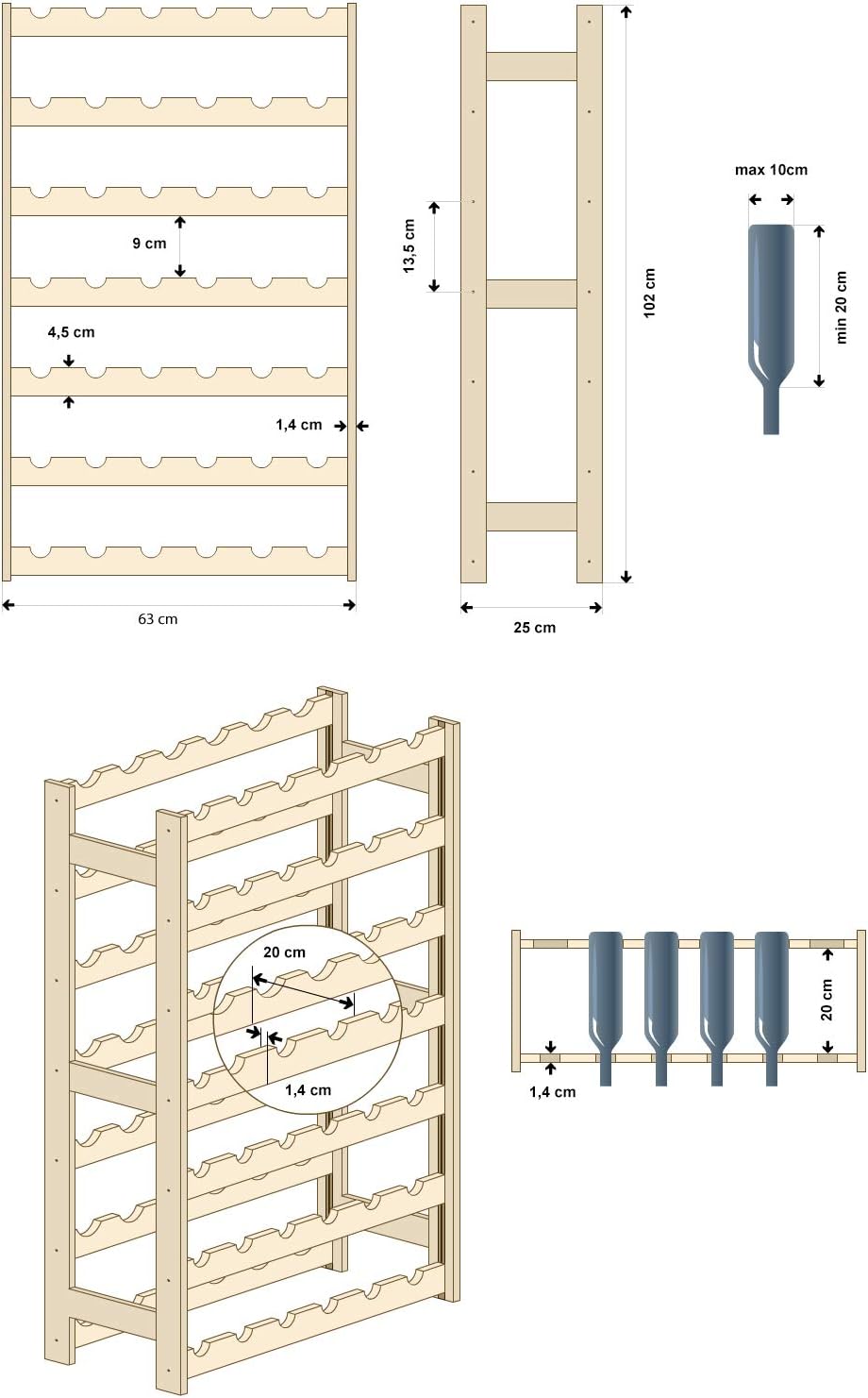 Weinregal Modell RW-1-42, Braun RW-1-42, 102 x 63 x 25, 7 liegen, für 42 Flaschen