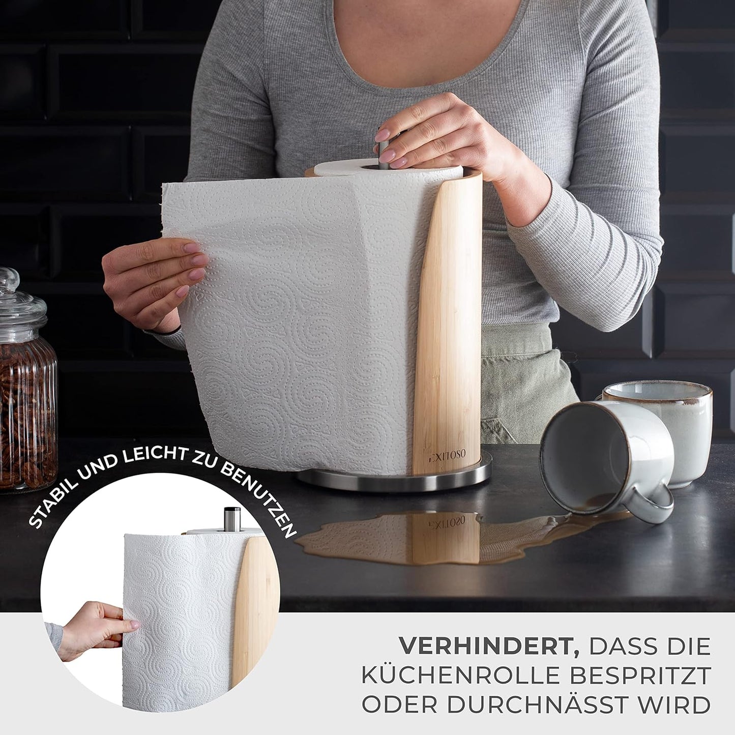 Küchenrollenhalter Edelstahl & Bambus, Edelstahl