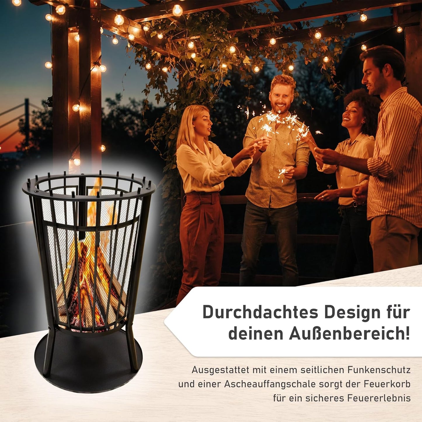 Feuerkorb mit Grillgitter & Funkenschutz, Feuerkorb mit Grillgitter