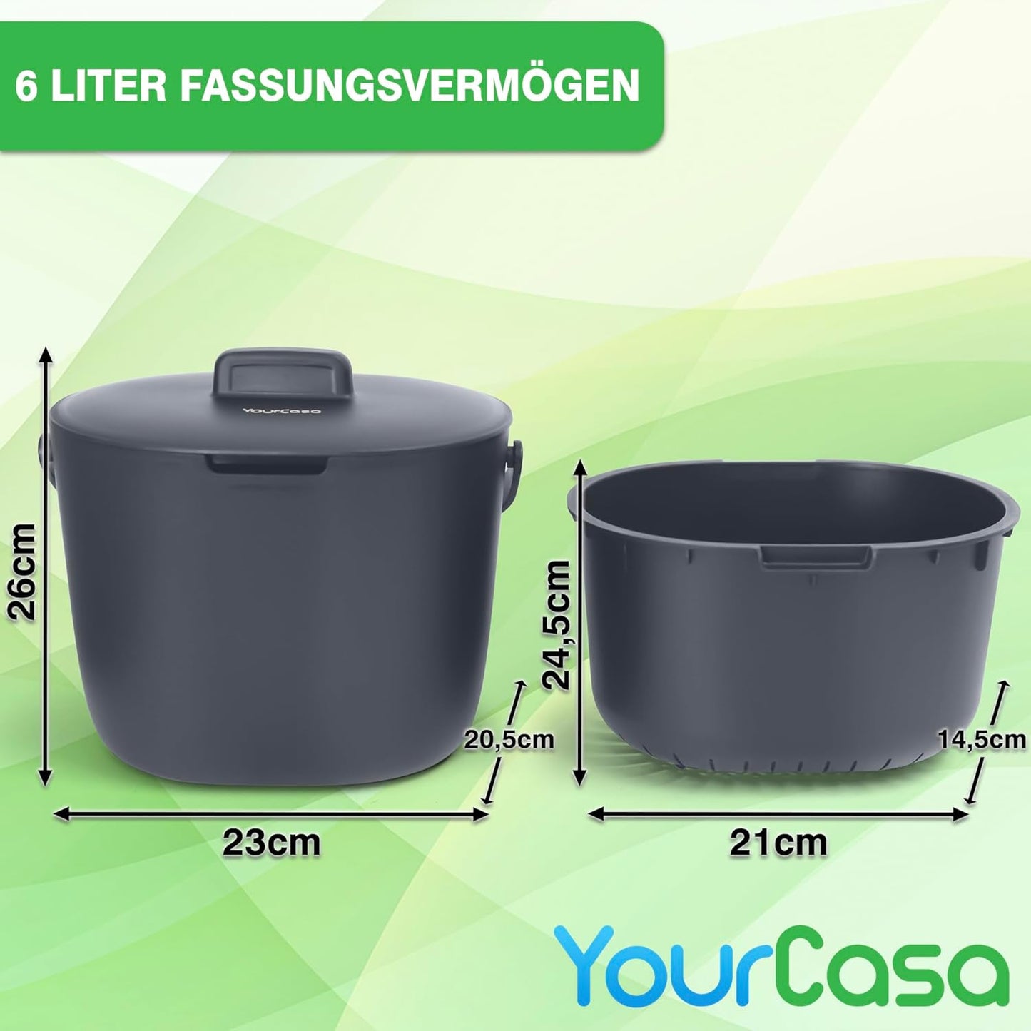 Geruchsdichter Biomülleimer mit Sieb & Griff, 6 Liter Anthrazit