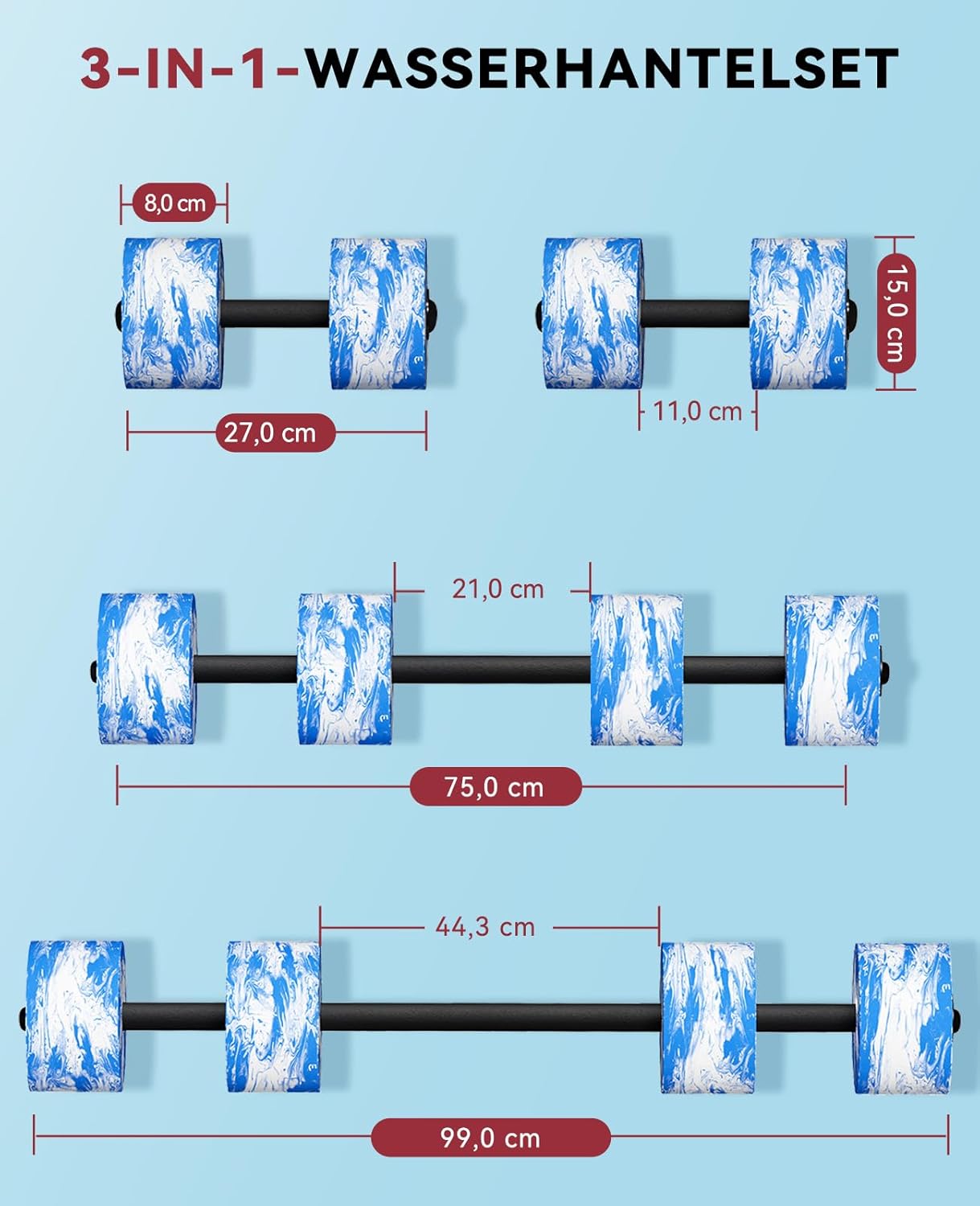 3-in-1 Wasserhanteln mit Verbindungsstange für Aquafitness und Reha, Blau