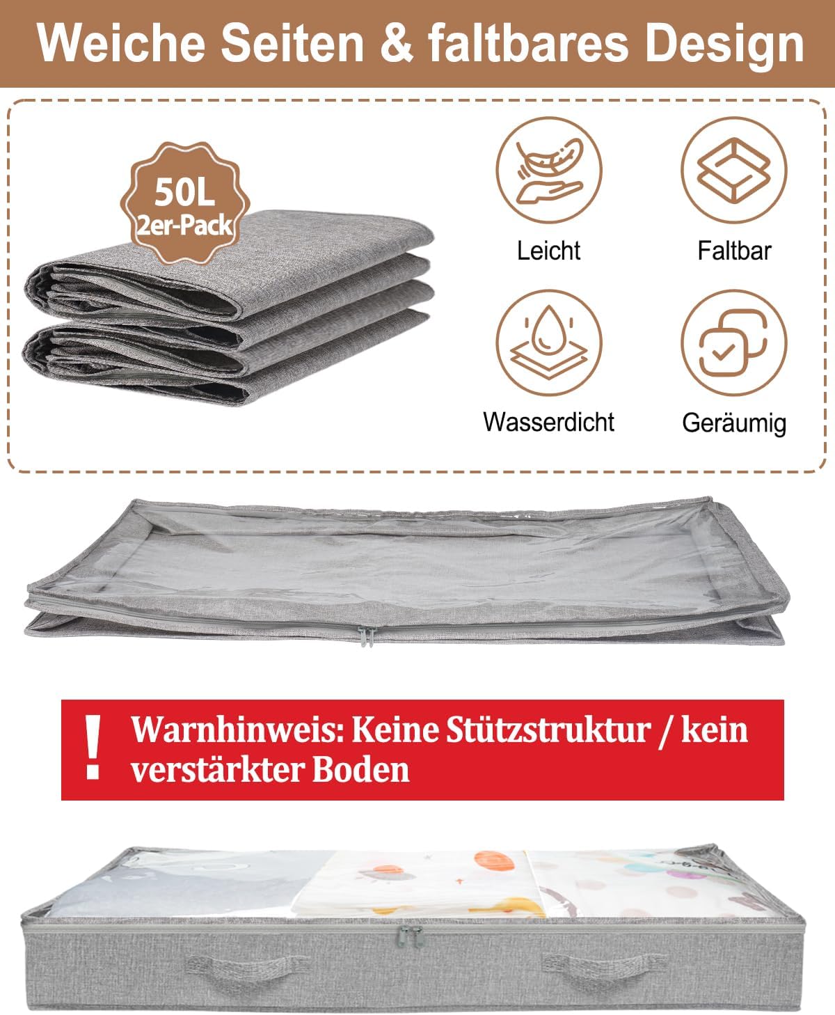 Ultraflache Unterbett-Aufbewahrungbox, 2 Stück, 2pcs-grau