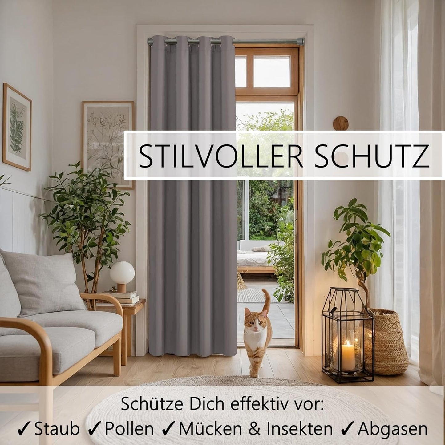 Türvorhang mit Teleskopstange, Vorhang 200 x 150 cm (HxB); Stange 55-90 cm Türvorhang Hellgrau + Stange Silber