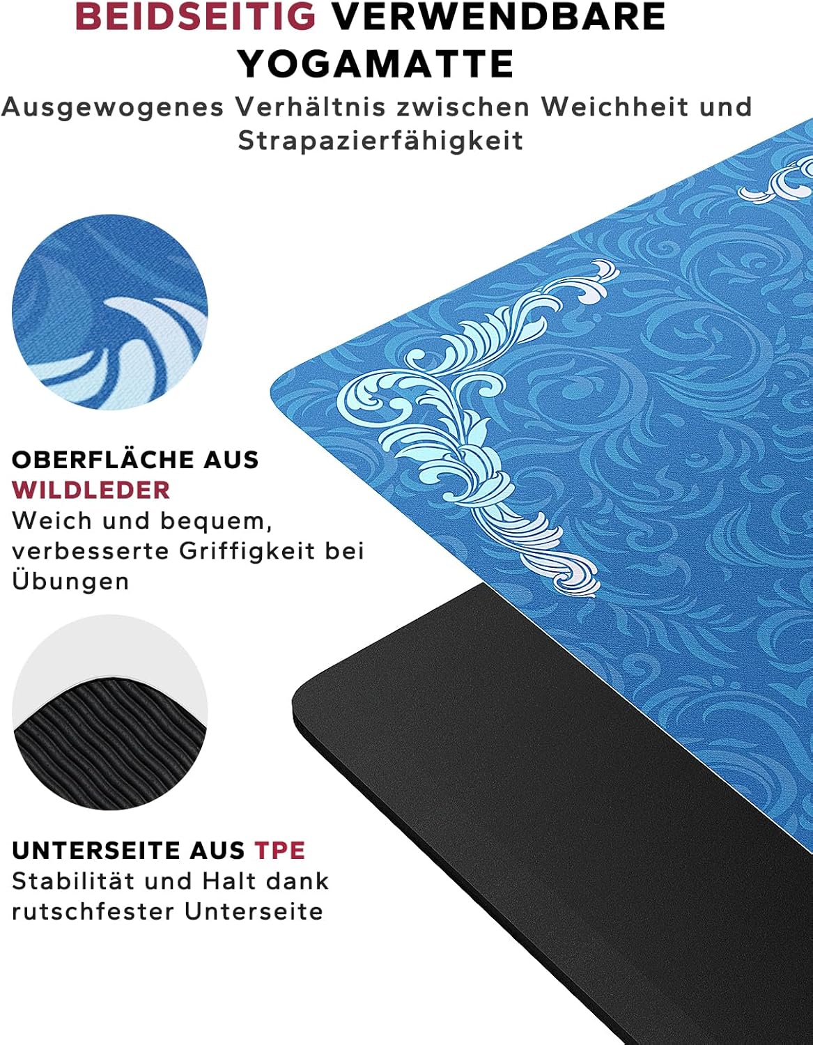 Rutschfeste Yogamatte, Wildleder-183cm x91cm x 6mm 6MM