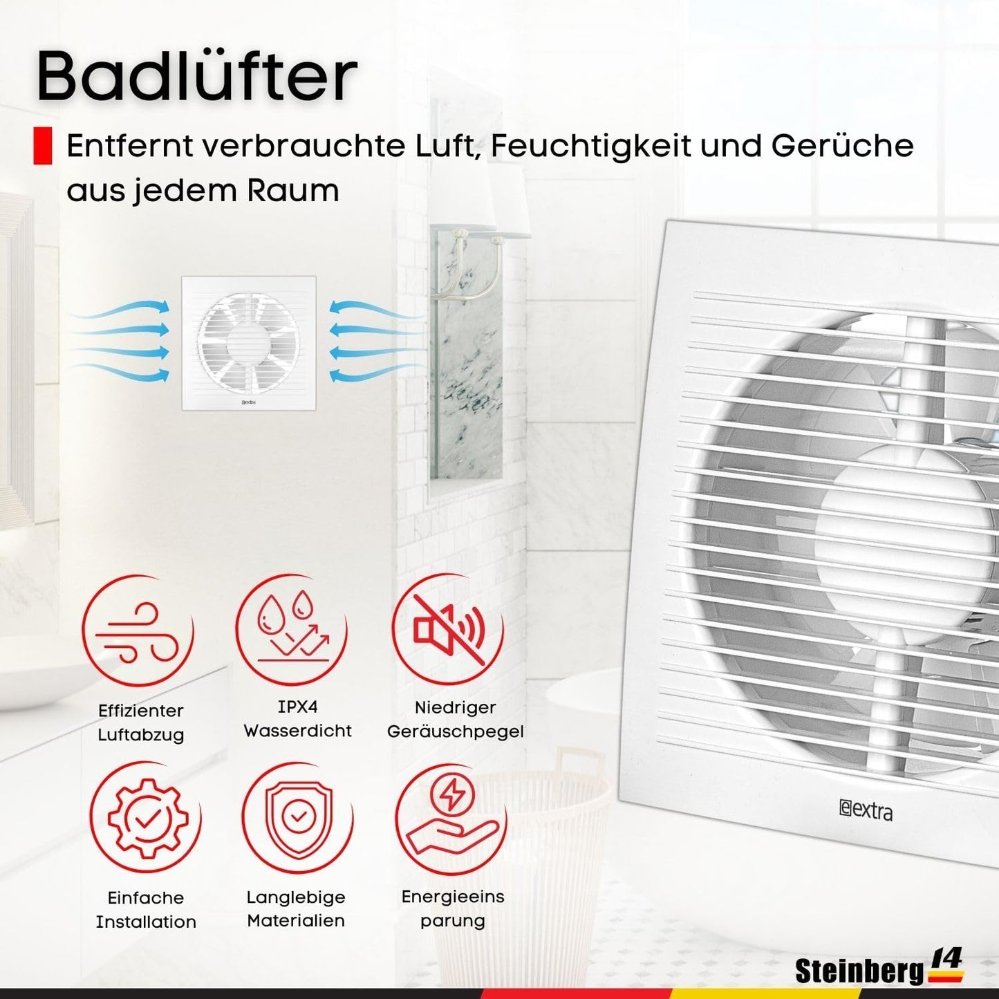 Abluftventilator für Bad und Küche, Ø 150mm Weiß