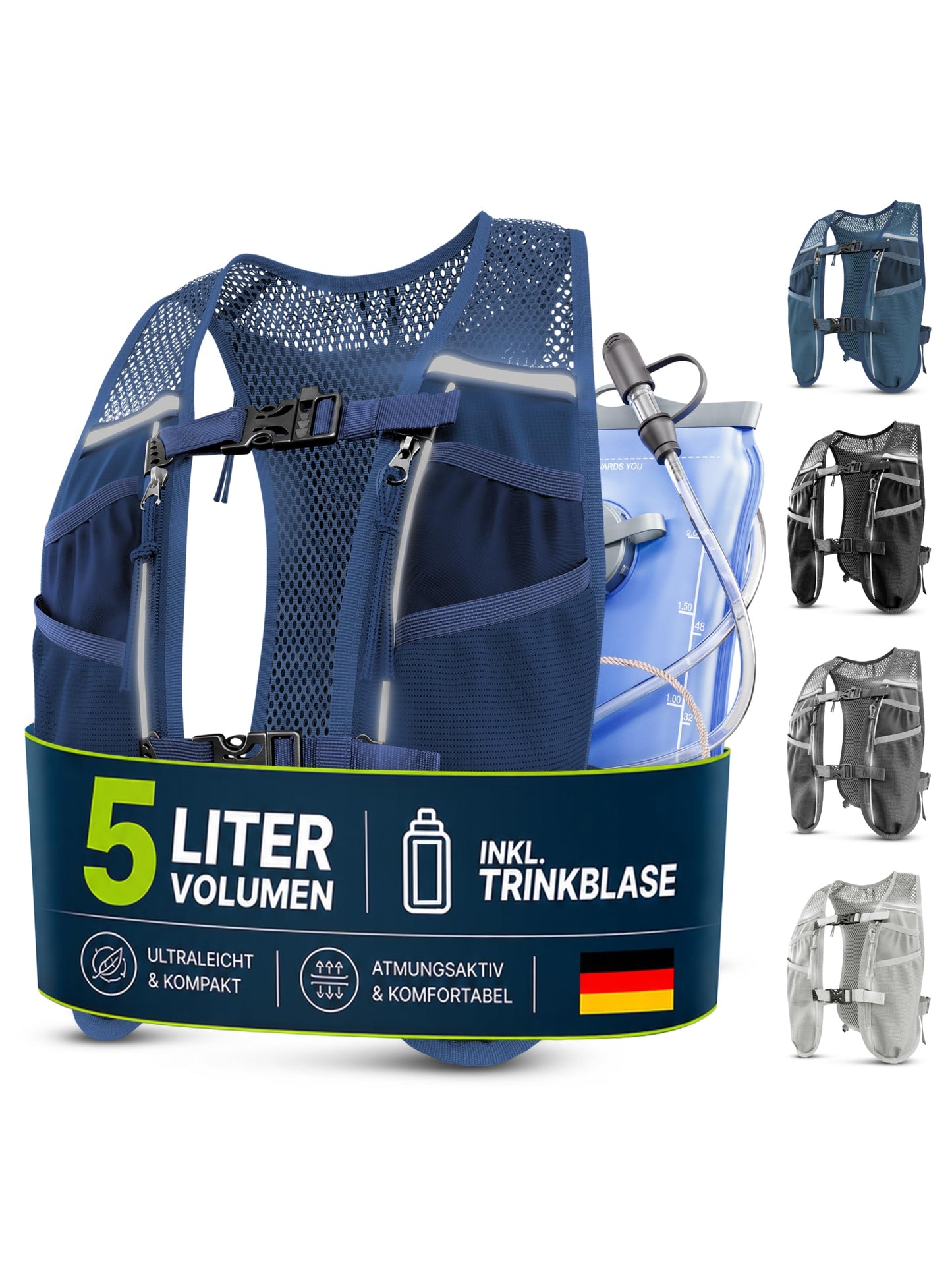 Laufweste mit Trinkblase für Damen & Herren (5L), navyblau - mit Trinkblase 5L