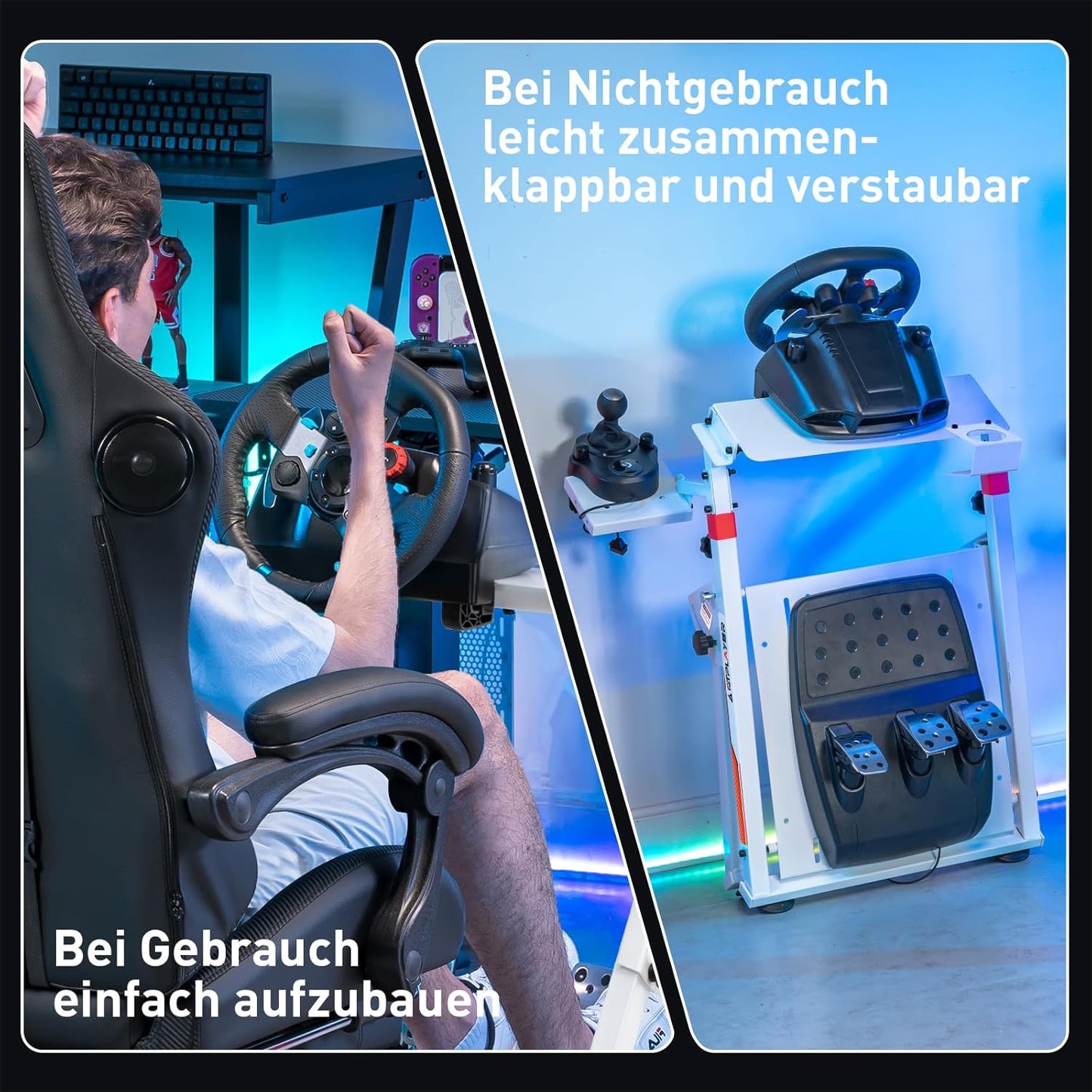 Lenkradständer mit Schalthebelhalterung für Gaming, Weiss
