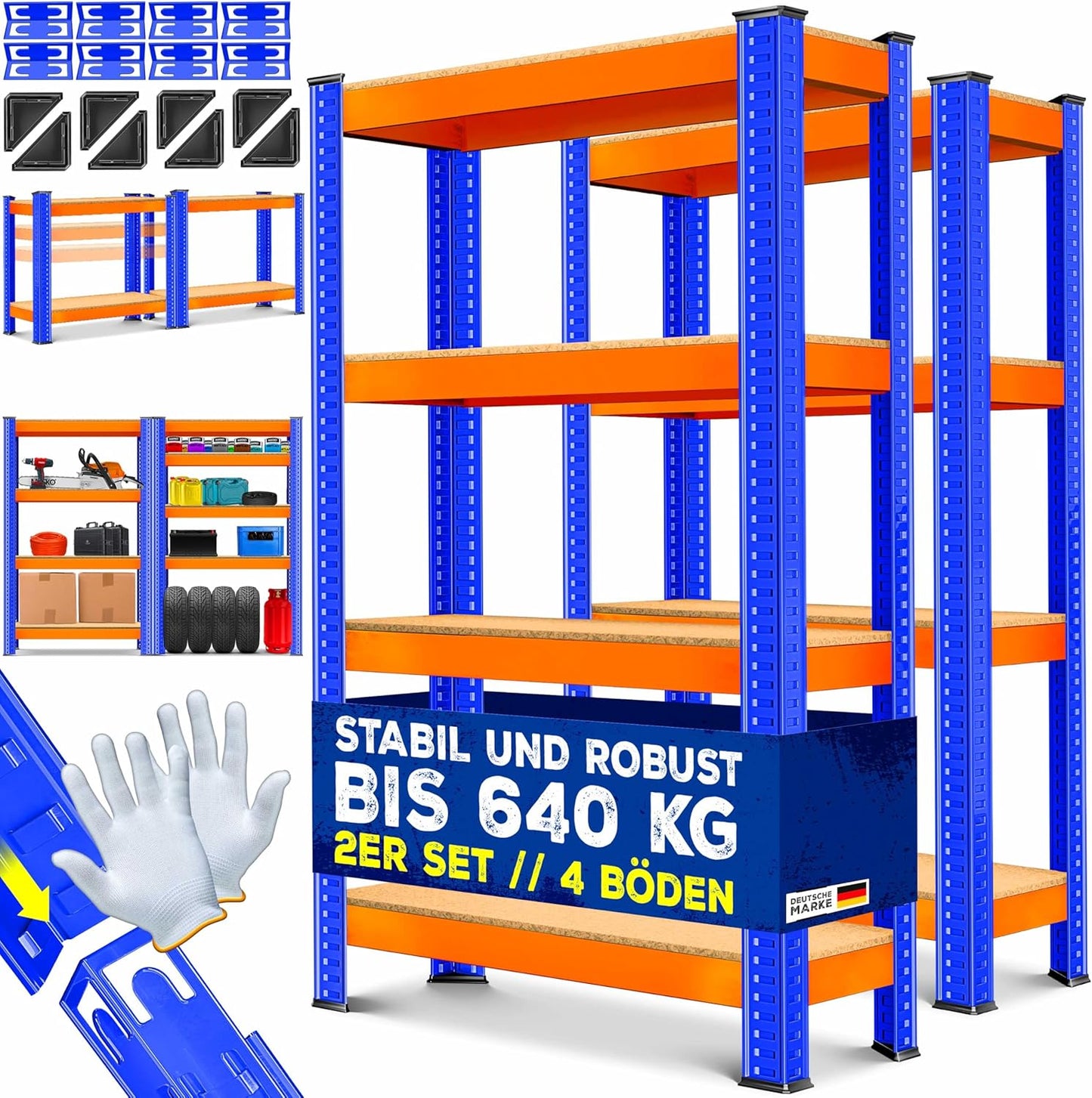 Schwerlastregal-Set, 2x 160x80x40cm 4-Böden 2x Orange / Blau 700 Kg