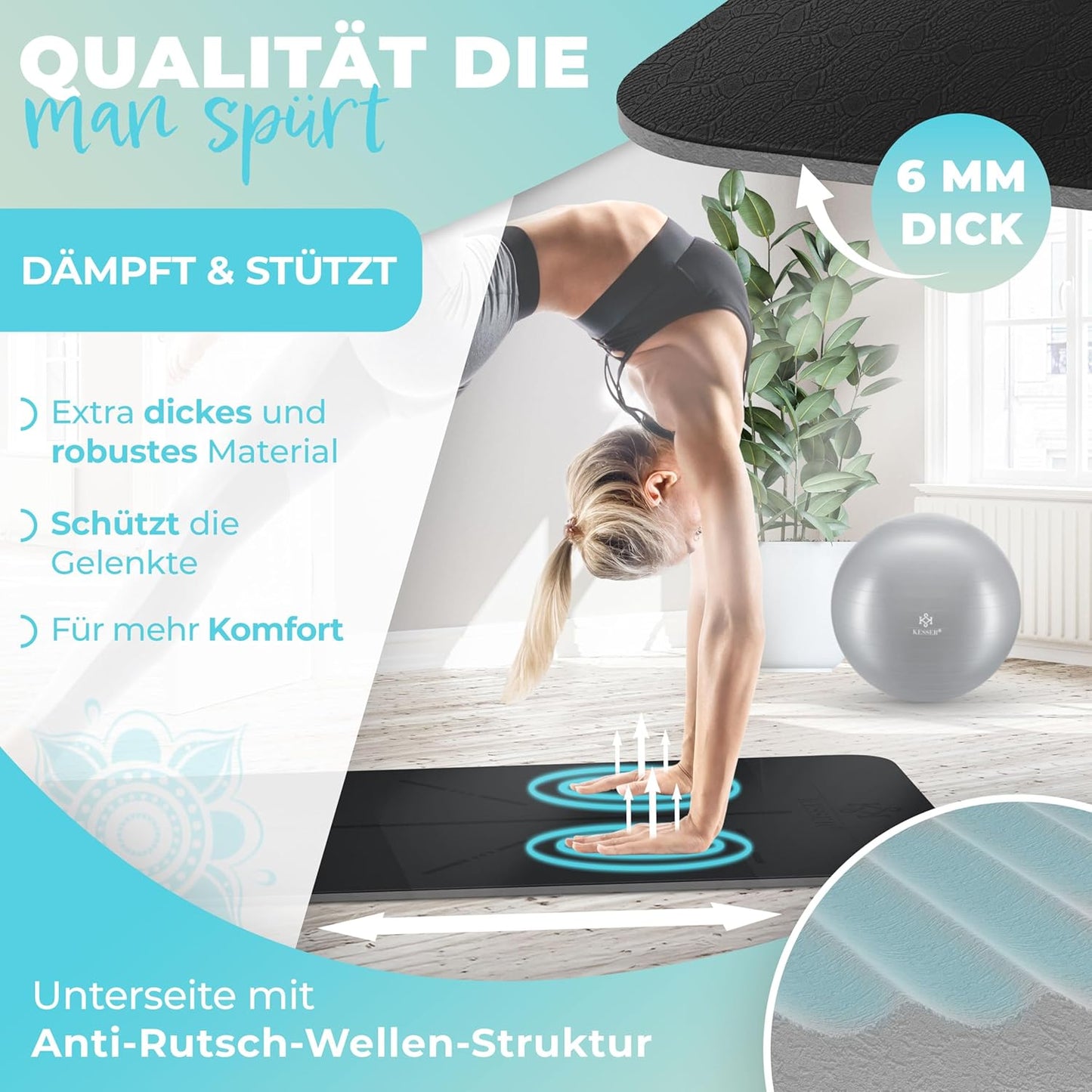 Yogamatte mit Tragegurt, Schwarz