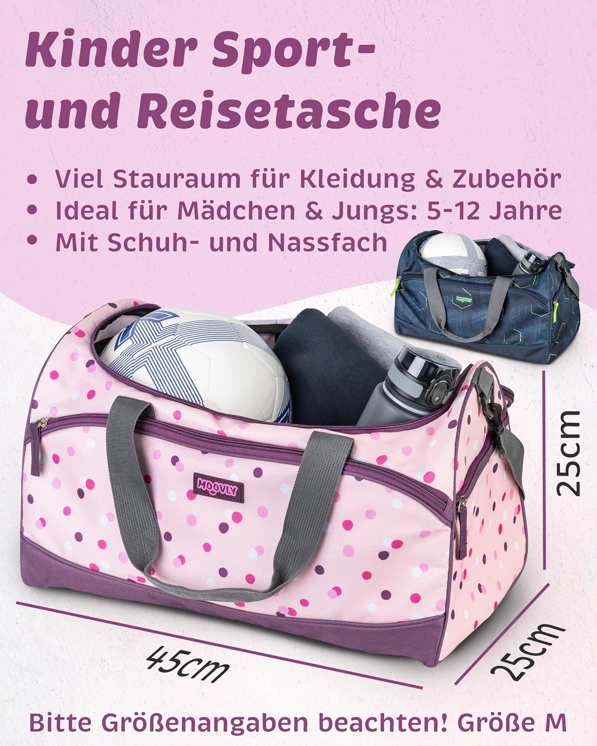 2-teiliges Sporttaschen-Set mit Schuh- und Nassfach, Blau/Rosa