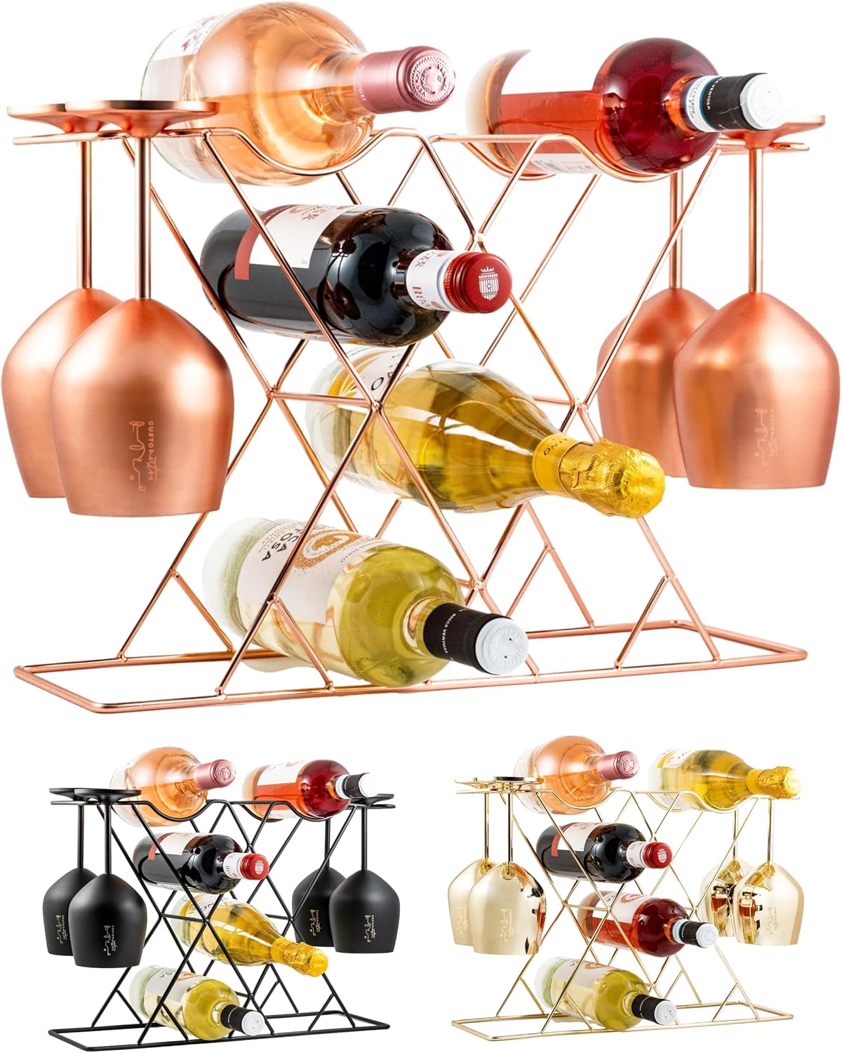 Weinregal mit Weinglashalter für 8 Flaschen & 4 Gläser, Roségold 8 Flaschen