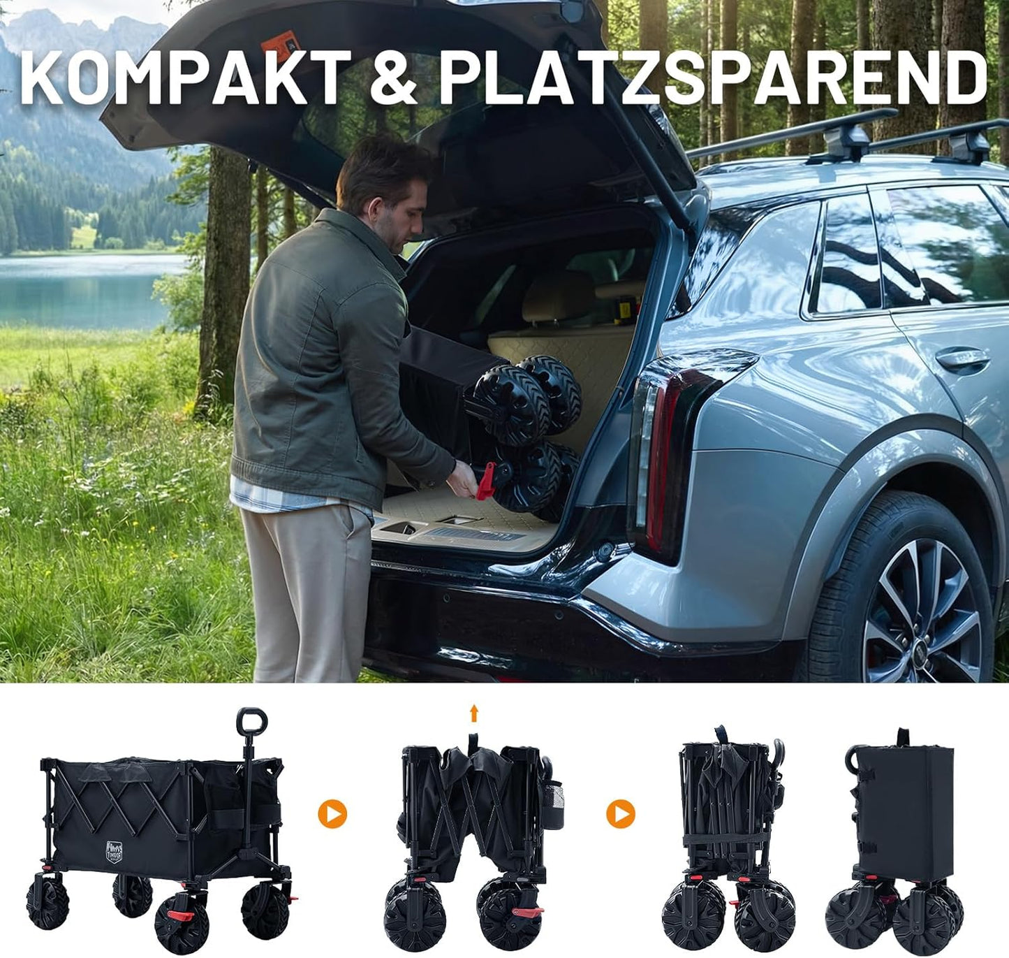 Faltbarer XXL-Bollerwagen mit Bremsen, Schwarz