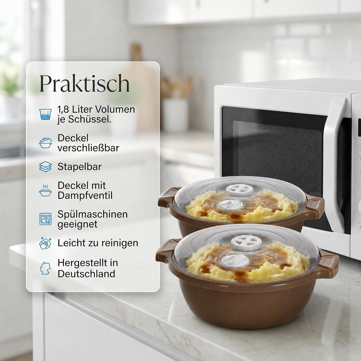 2-teiliges Mikrowellenschüssel-Set mit Dampfventil, Braun