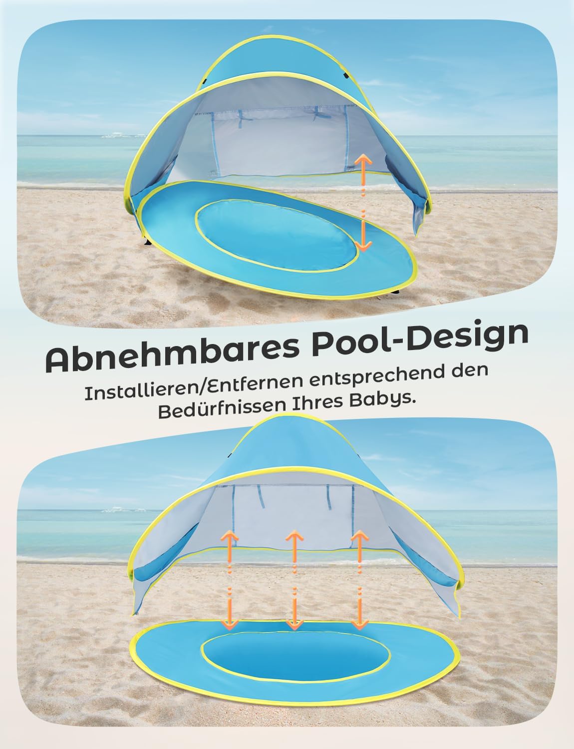 Pop-up Babystrandzelt mit UV-Schutz und Mini Pool, Babyzelt(Blau)