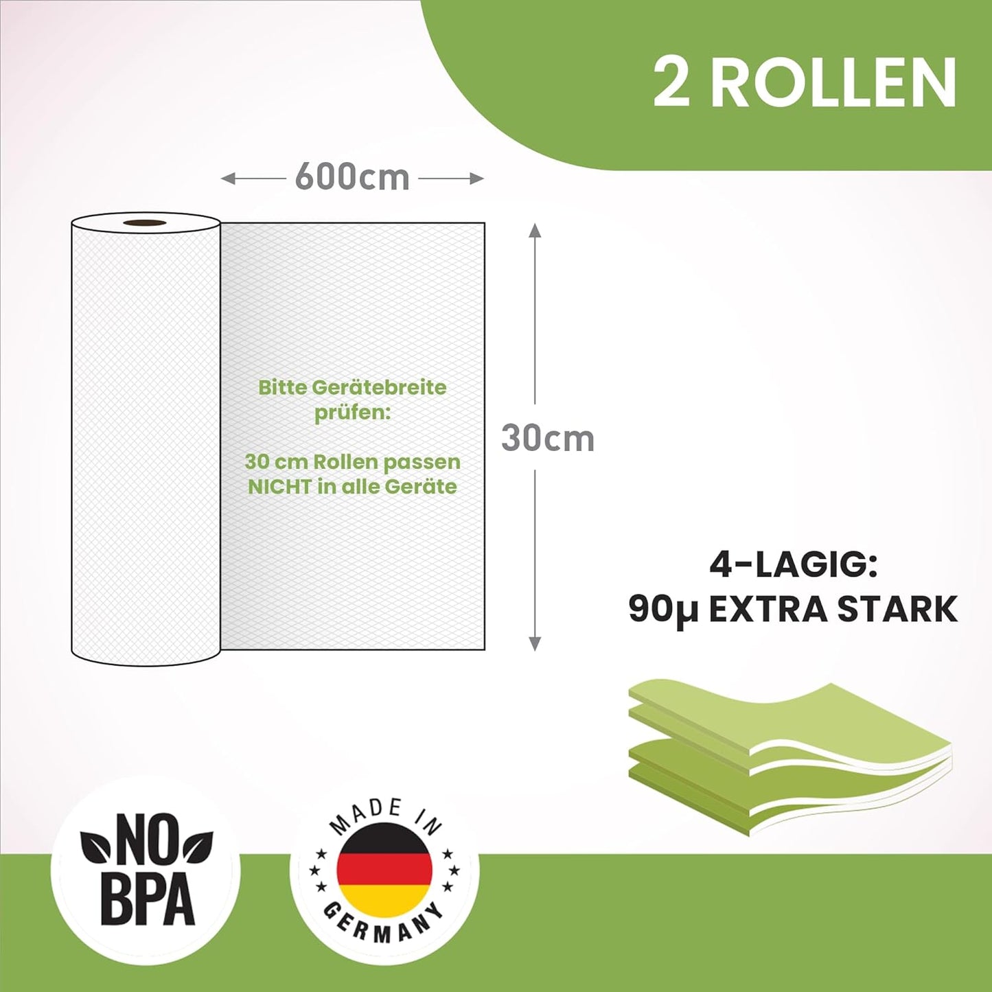 Vakuumfolienrollen, 30x600cm, 4-lagig, 30x600cm 2 Rollen Transparent