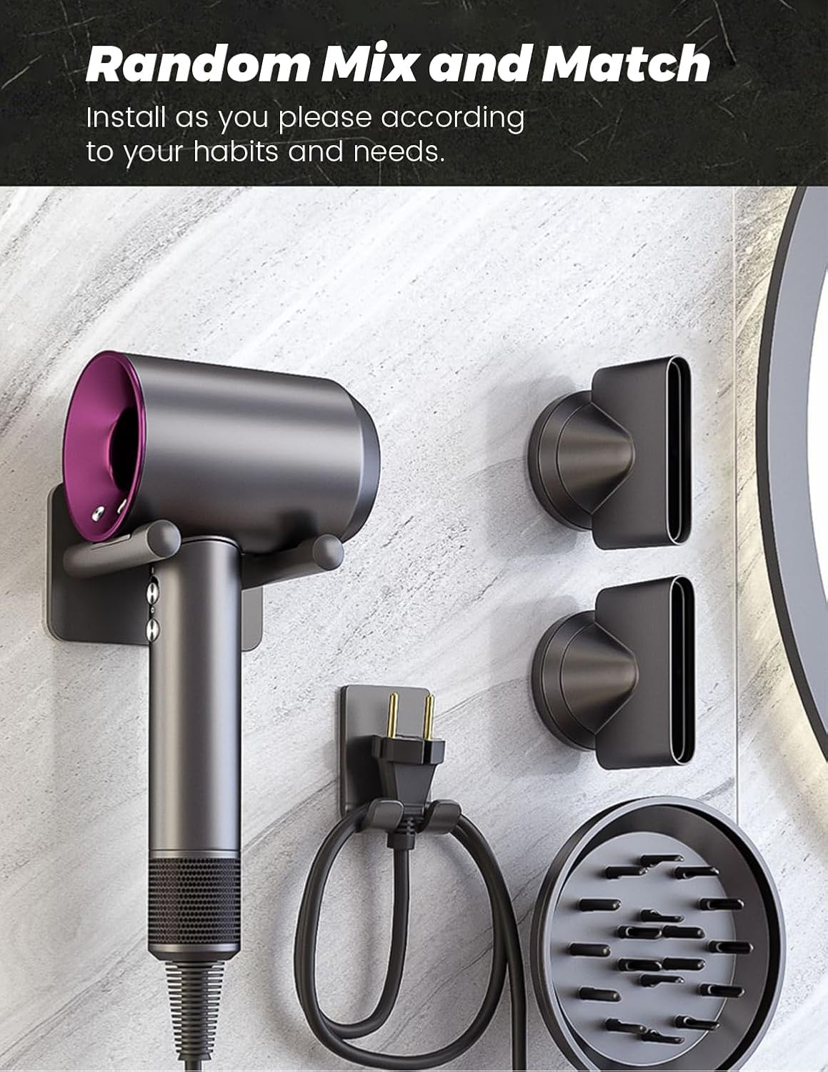 Fönhalterung für Dyson ohne Bohren (inkl. 3 Düsen), 3 Düsen Aufbewahrung