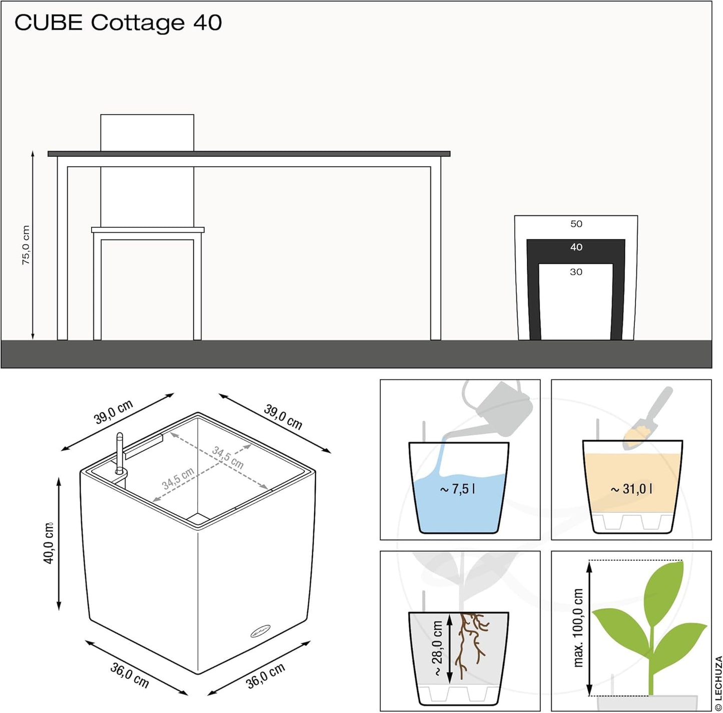 Cube Cottage 40, Pflanzgefäss mit Erd-Bewässerungs-System 39 x 39 x 40 cm Weiss