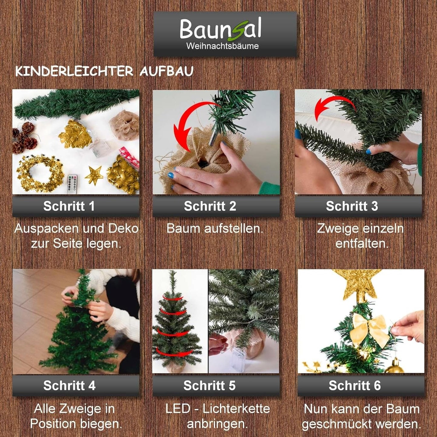 Künstlicher Weihnachtsbaum mit LED-Lichterkette, 75 cm / Grün-gold-braun+warmweiss