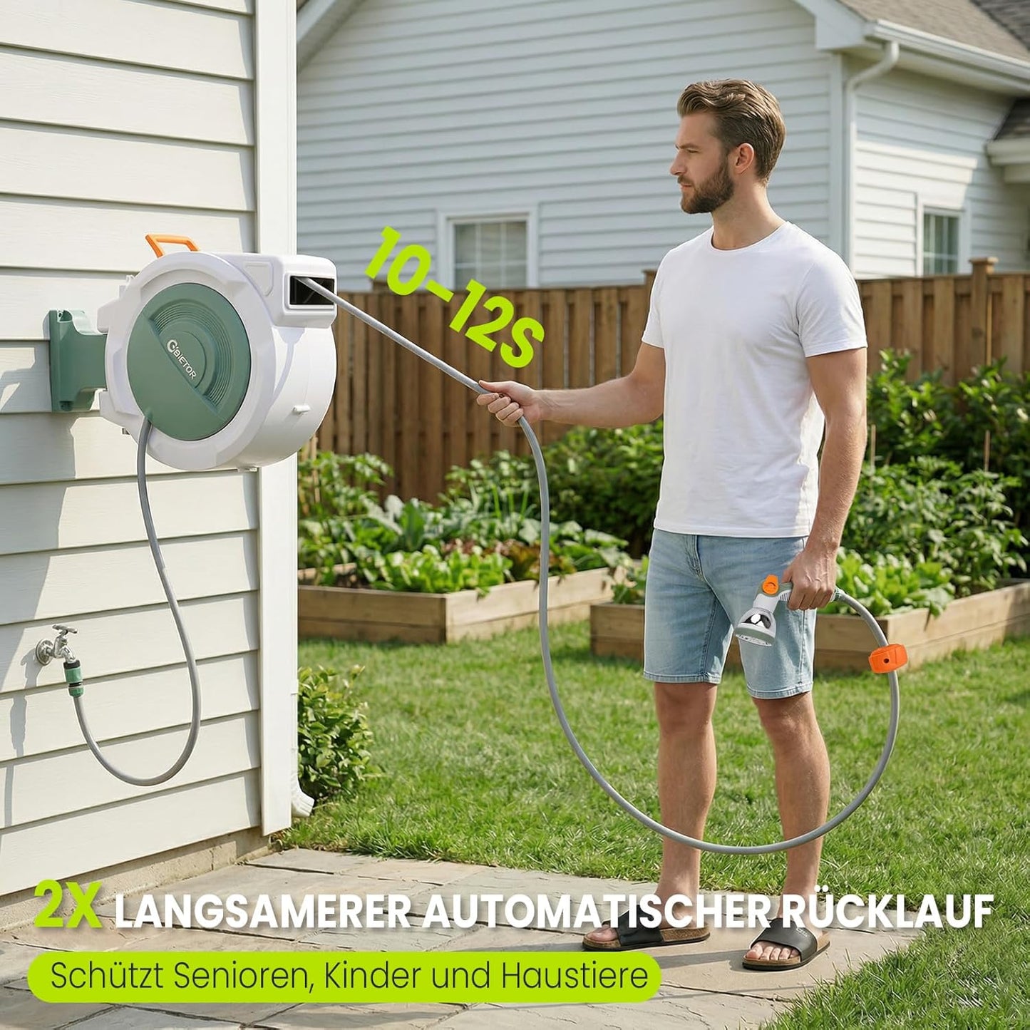 Schlauchtrommel mit automatischem Rücklauf, Grün & Orange 30M