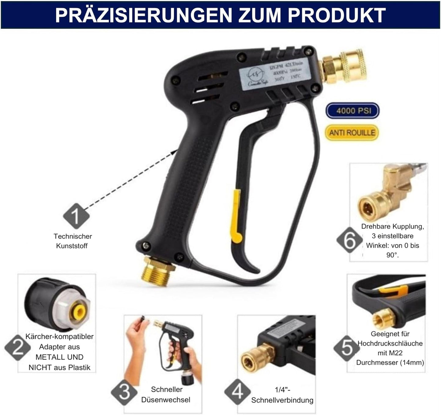 Hochdruckreiniger-Pistole 4000 PSI mit 6 Düsen