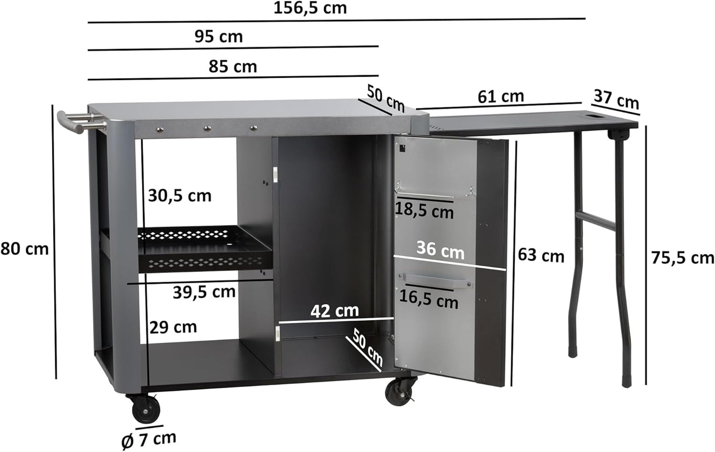 BQT6 Grillwagen mit grosser Arbeitsfläche 95 x 50 cm, Silber