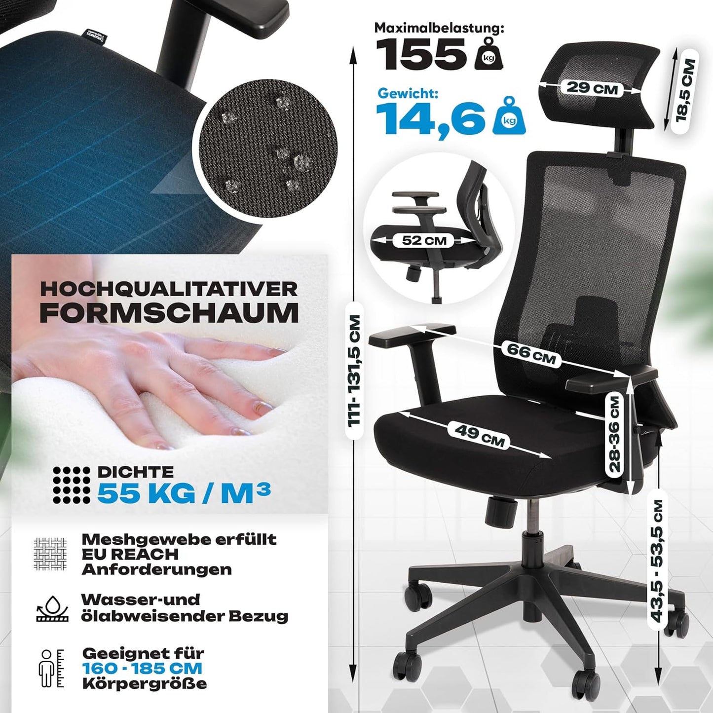 Ergonomischer Bürostuhl M3 mit Lendenwirbelstütze, M3 Klassik (Schwarz)