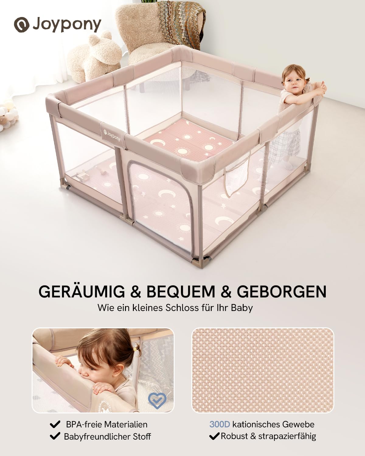 Baby Laufstall mit Matte, Beige wth Matte 127×127 CM