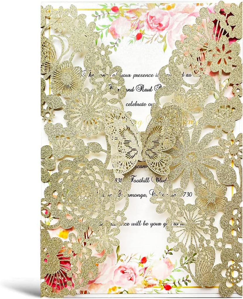 Blanko-Glitzer-Hochzeitseinladungen-Set (20 Stück), 20 Stück Leeres Papier Champagner Gold Glitzer