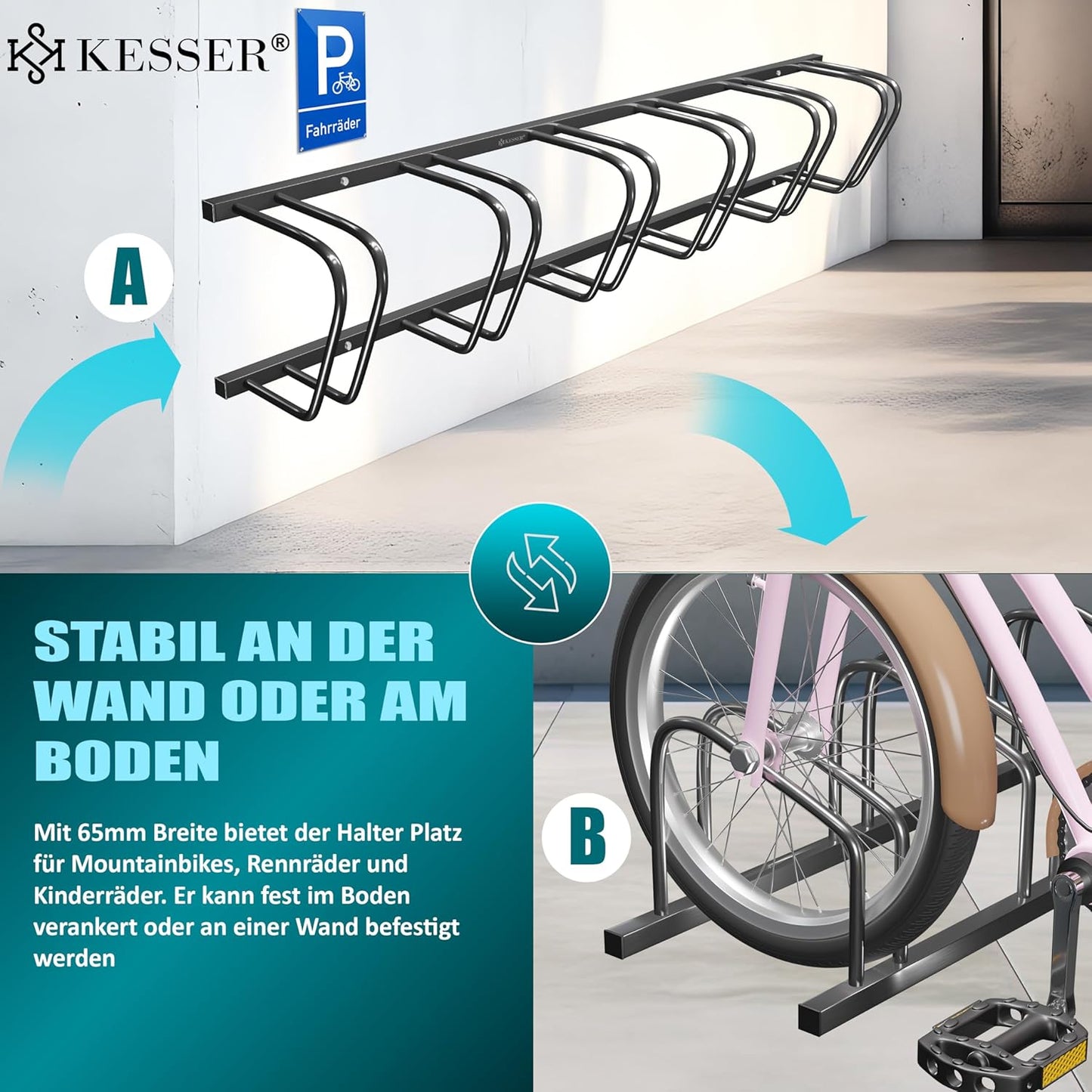 Fahrradständer für 6 Räder mit Parkschild, Schwarz 6 Fahrräder