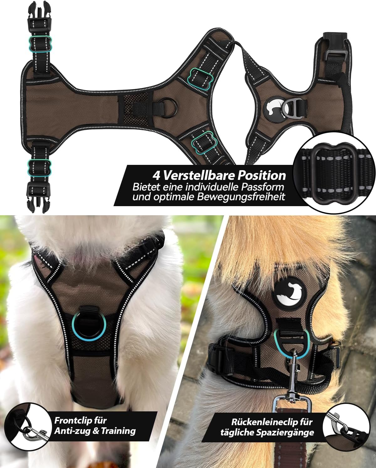 Reflektierendes Hundegeschirr, verstellbar, M (1er Pack) Braun