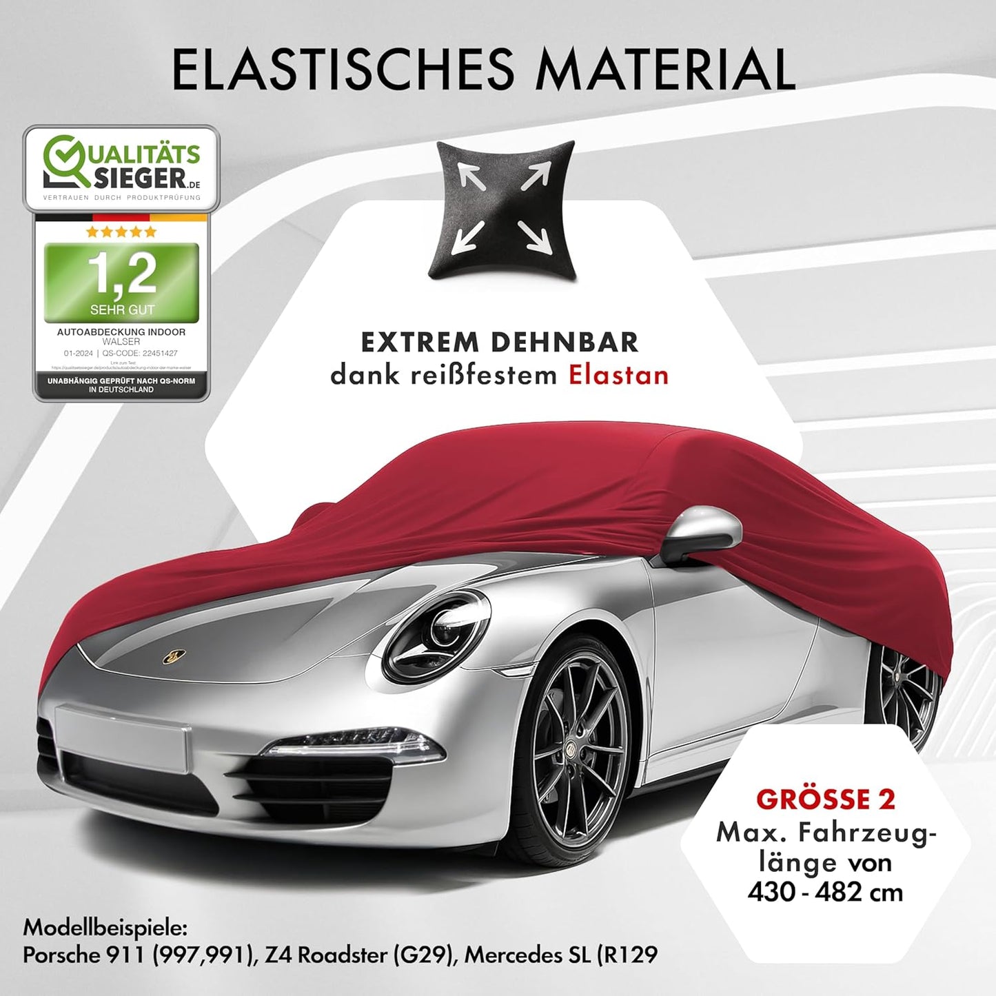 Premium Autoabdeckung Indoor Stretch, Rot Größe 2: PKW 430 - max. 482 cm Länge