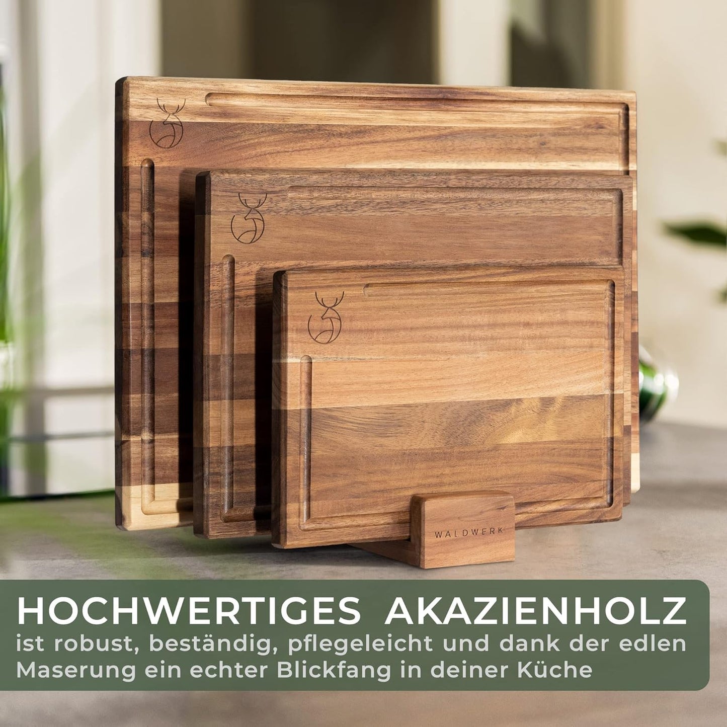 3-teiliges Schneidebrett-Set mit Brettständer, 3 Bretter Akazie