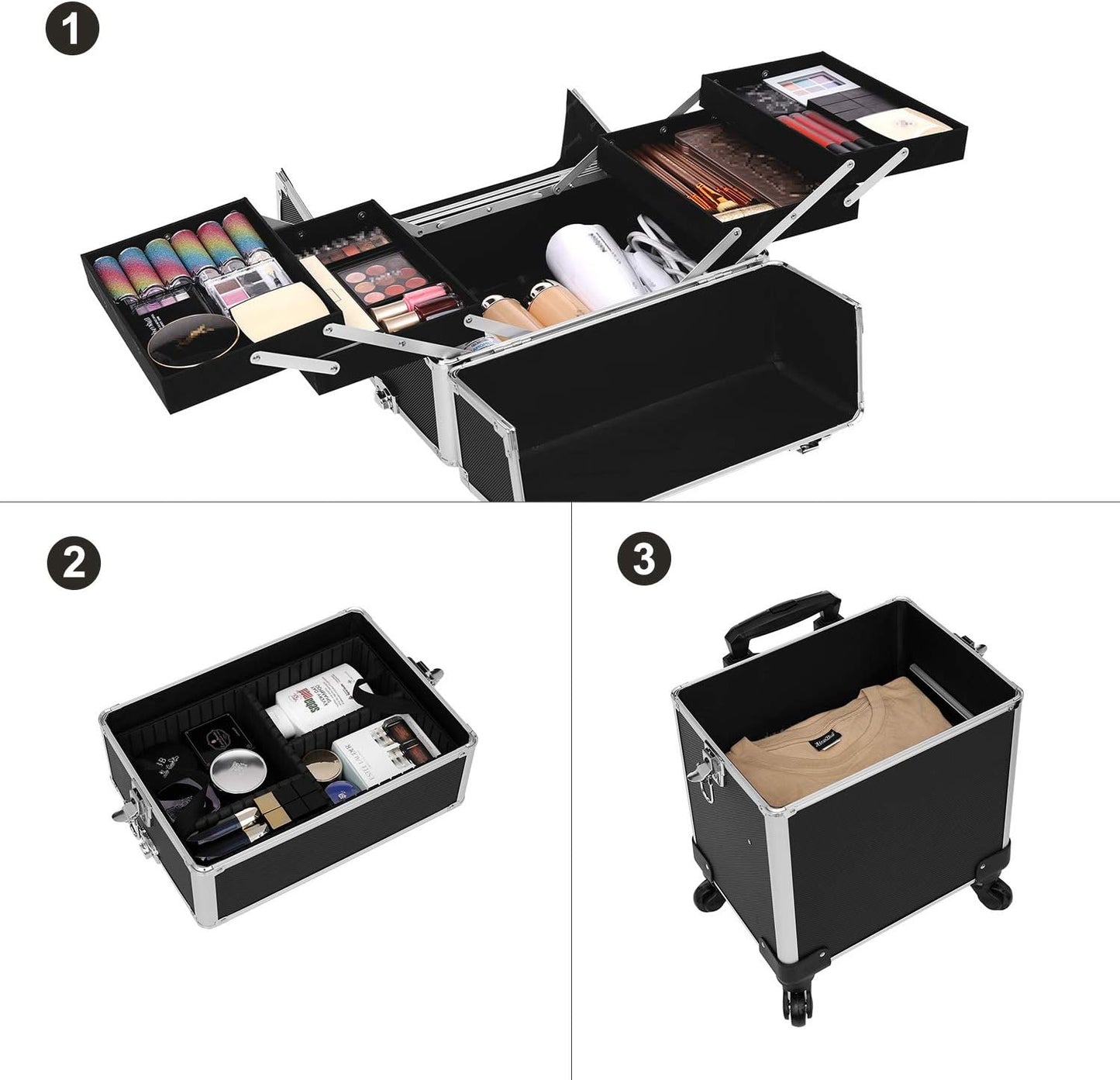Schminkkoffer mit Trolley, Schwarz 35 x 25 x 69,8 cm