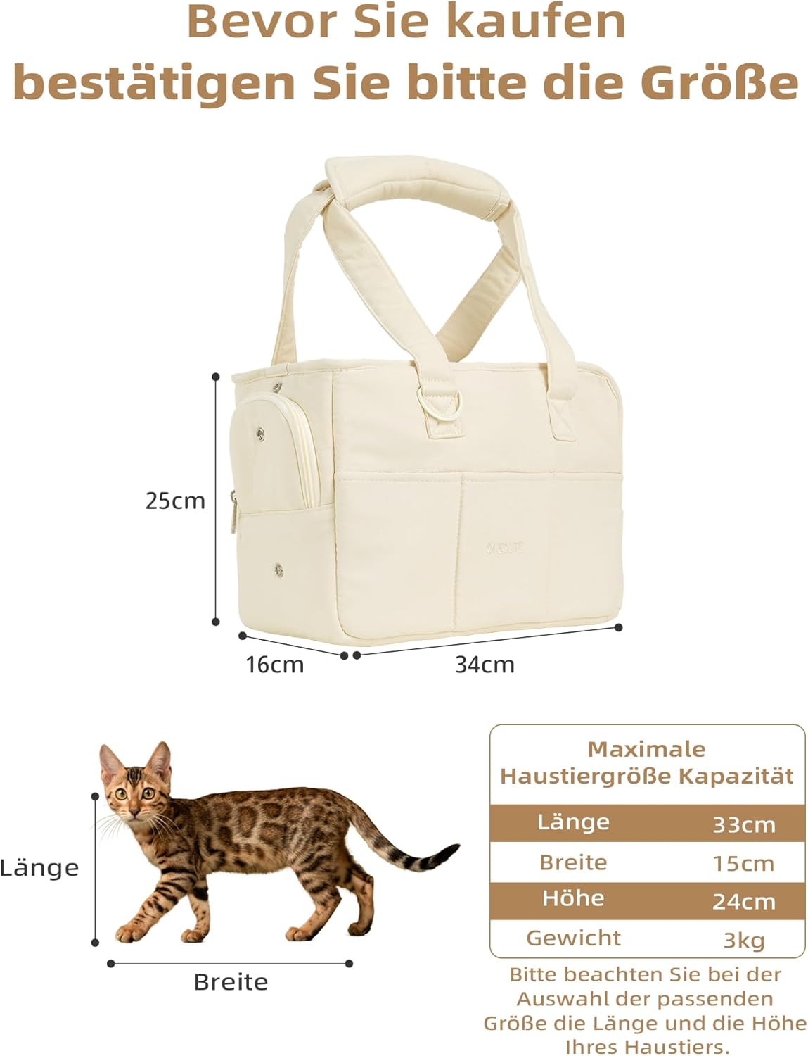 Hundetragetasche für kleine Haustiere, 34 * 16 * 25 cm Beige