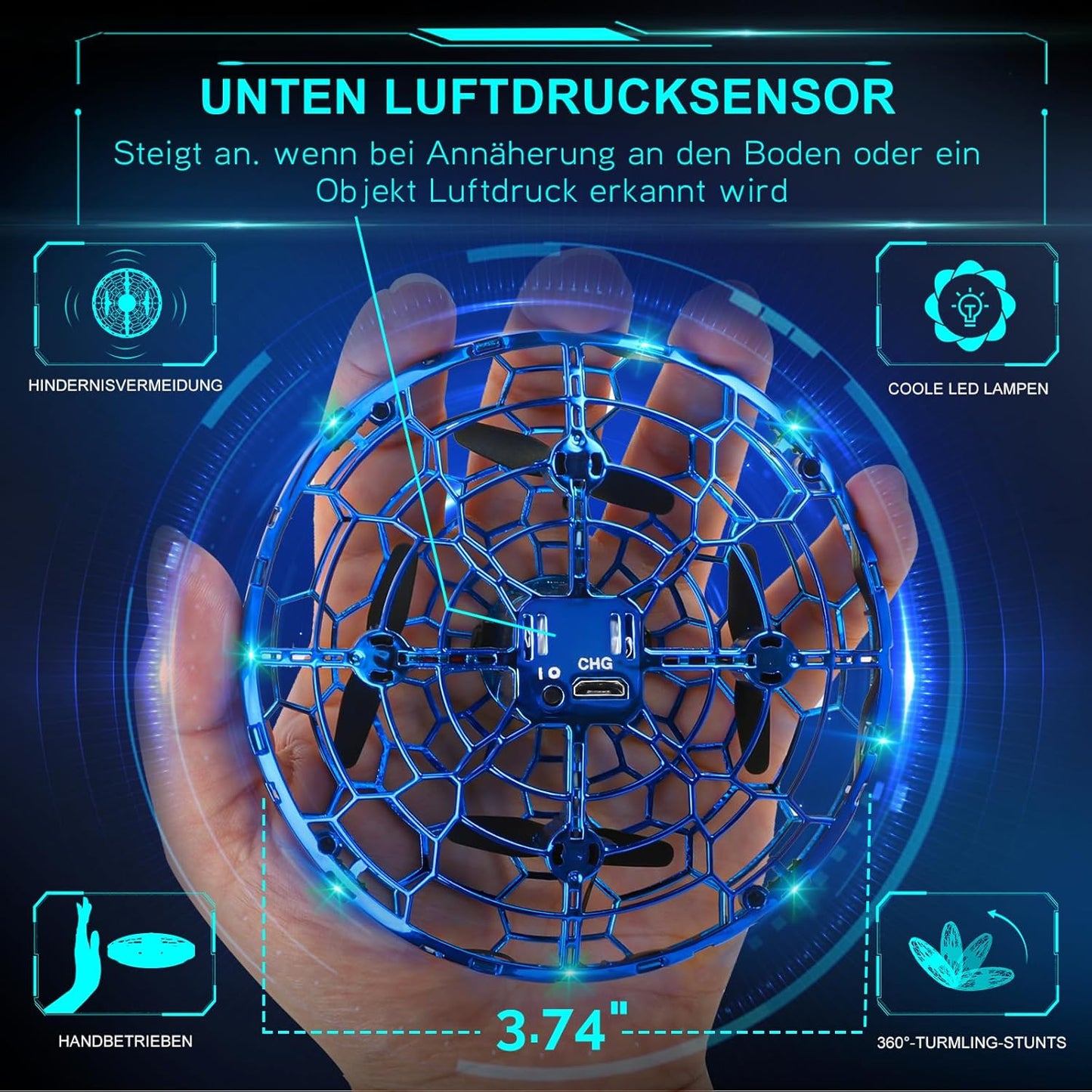 Mini UFO Drohne mit LED Licht, Blau