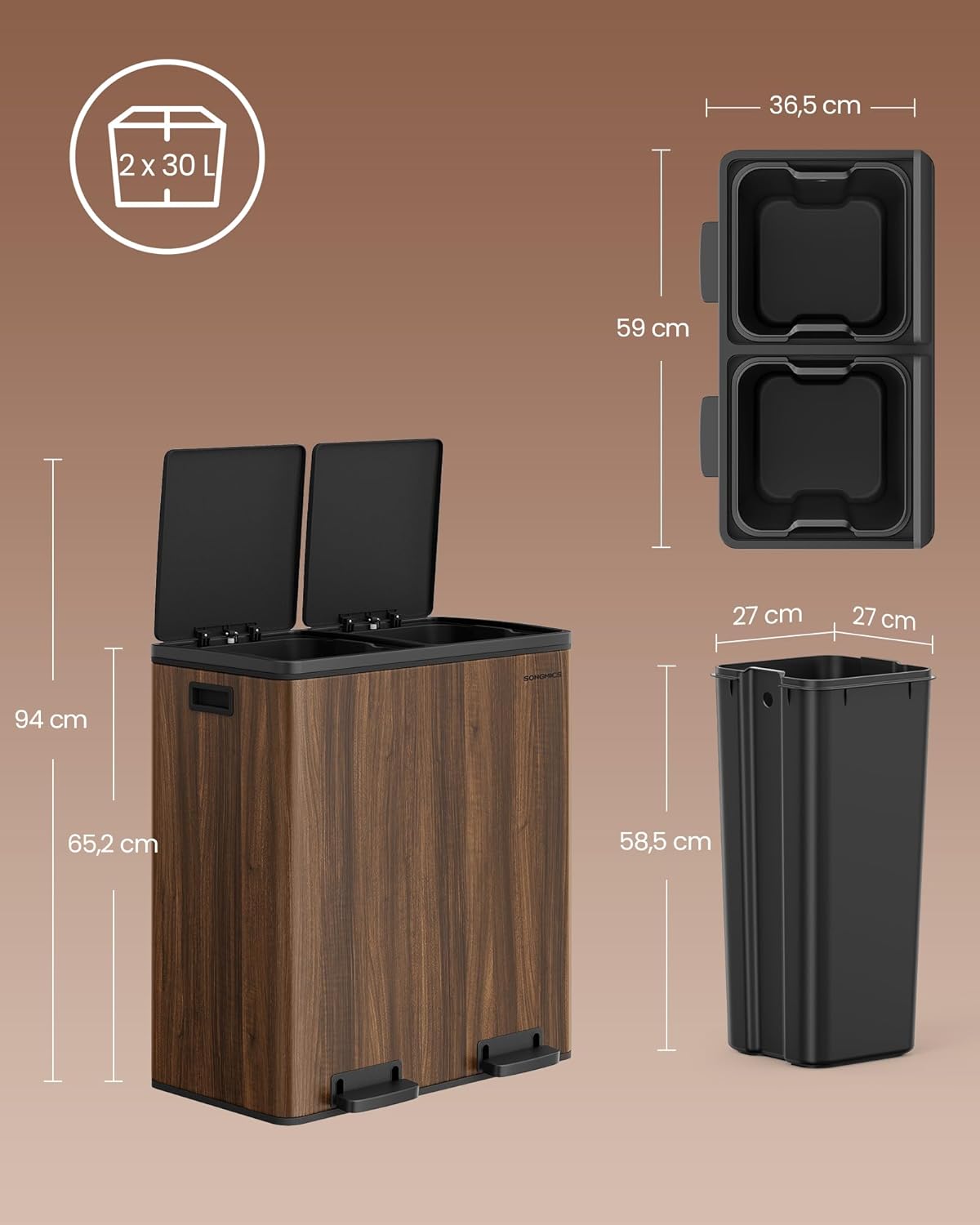 Mülltrennsystem Treteimer LTB060N02, 2 x 30 L, mit Softclose, dunkelwalnussfarben, 2 x 30 L