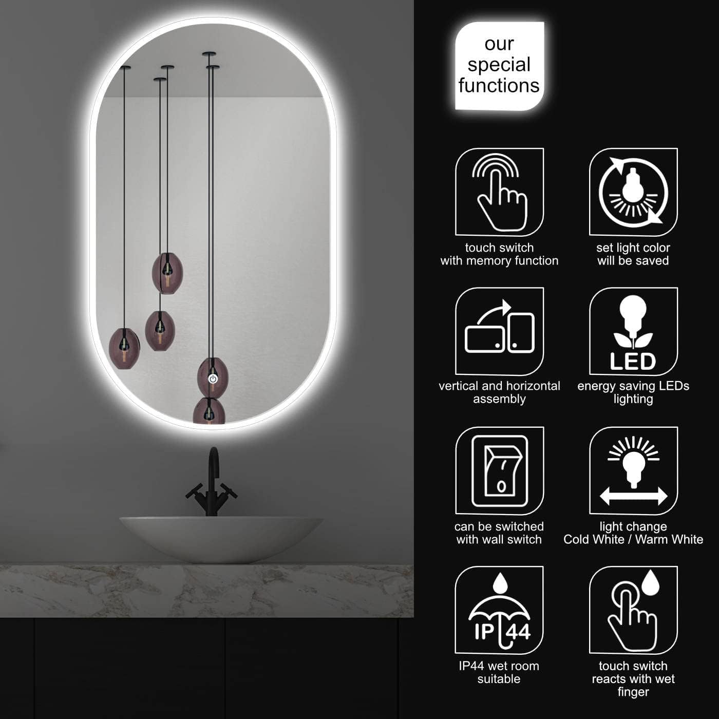 Ovaler LED-Badspiegel mit Touch-Schalter 45x75cm, 75L x 45B cm Oval-rahmenlos