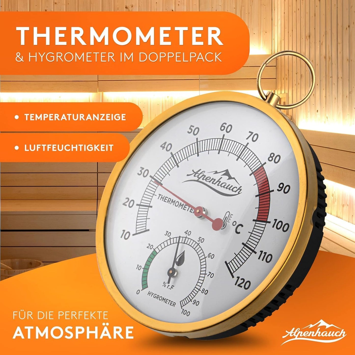 Sauna Thermometer & Hygrometer, Gold