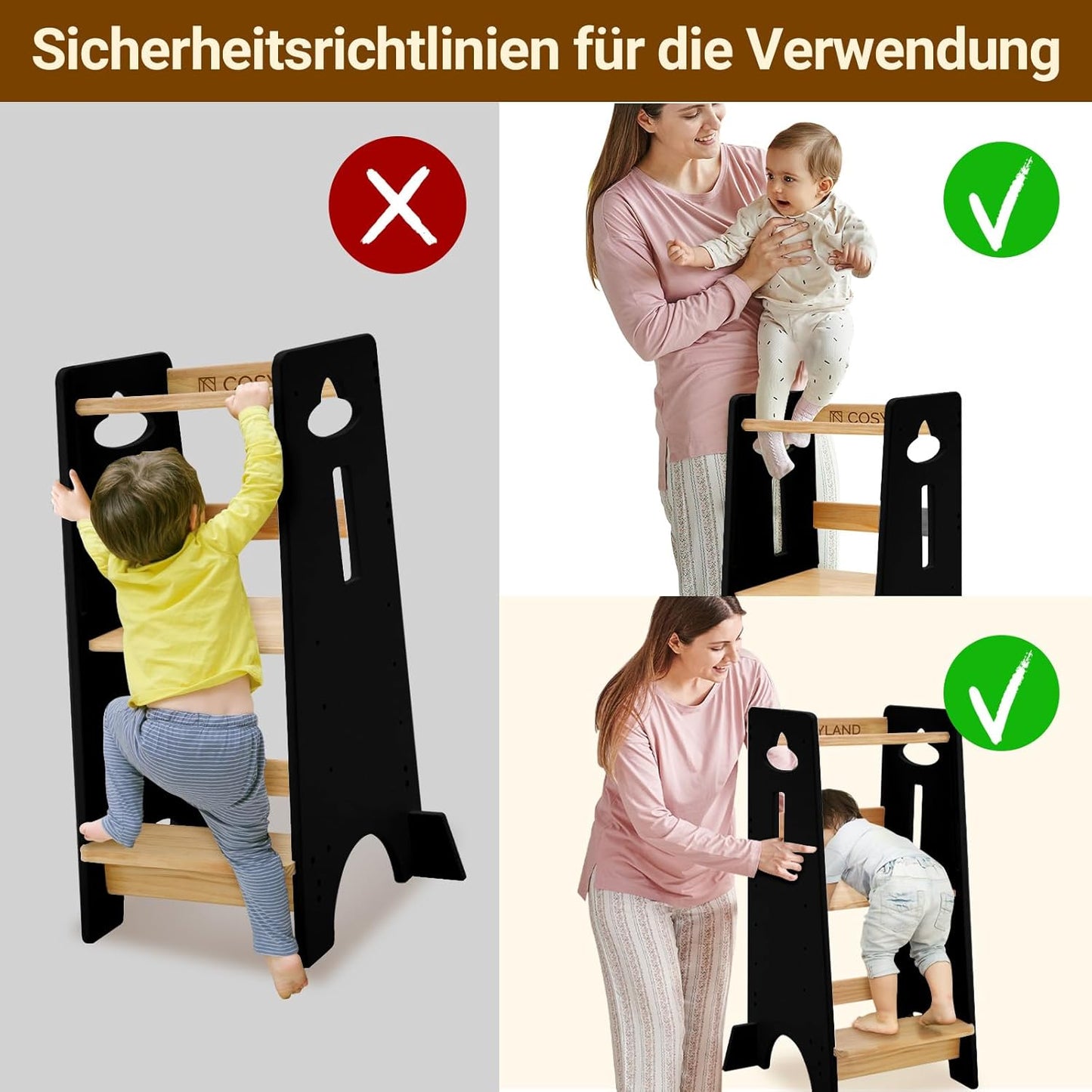 Höhenverstellbarer Lernturm, 80 x 45 x 40 cm Holzfarbe und Schwarz