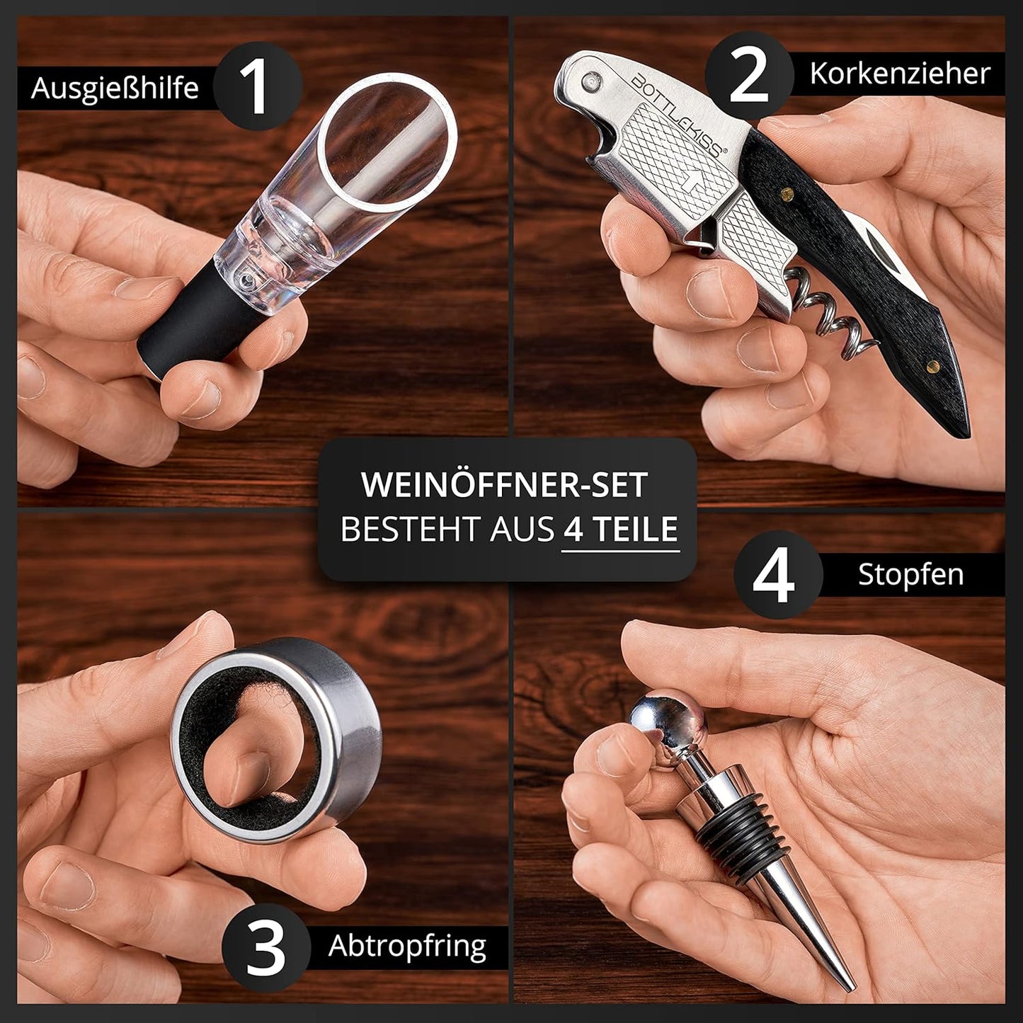 4-teiliges Korkenzieher-Set, Ebenholz