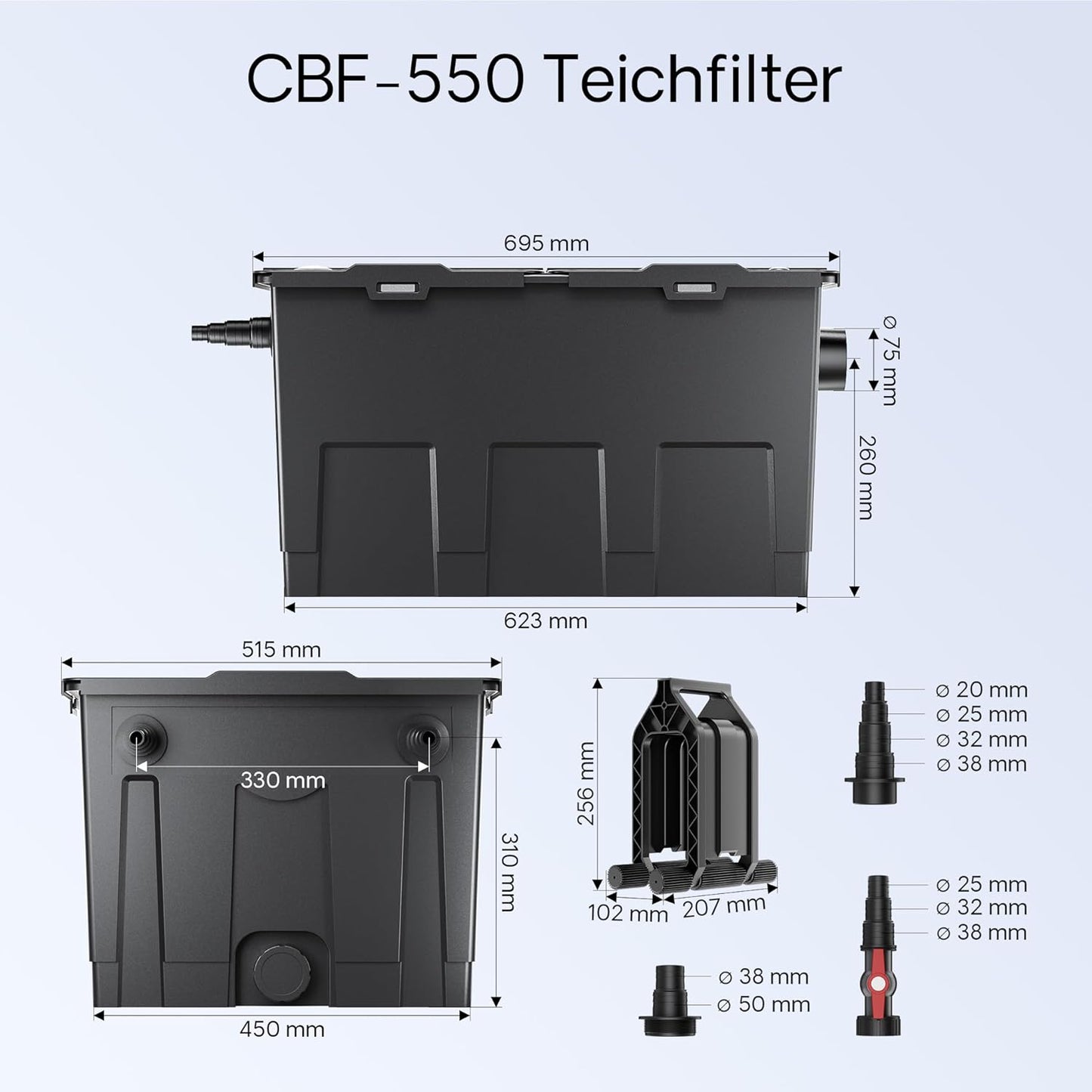 CBF-550 Teichfilter Komplettset mit Pumpe und UVC Klärer, CBF-550 Filter+8000 L/h Pumpe+36W UVC-Klärer+Y-Verteiler