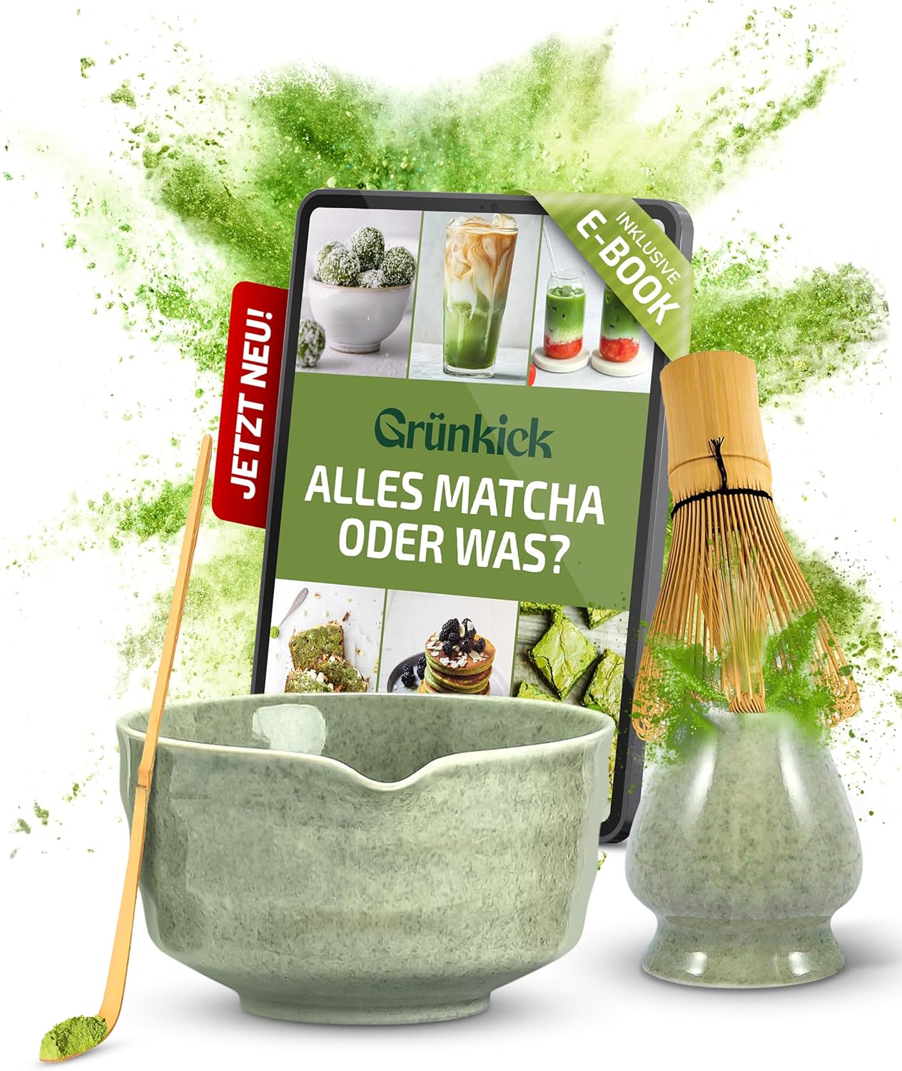 Matcha-Set mit Schale und Besen, Grün
