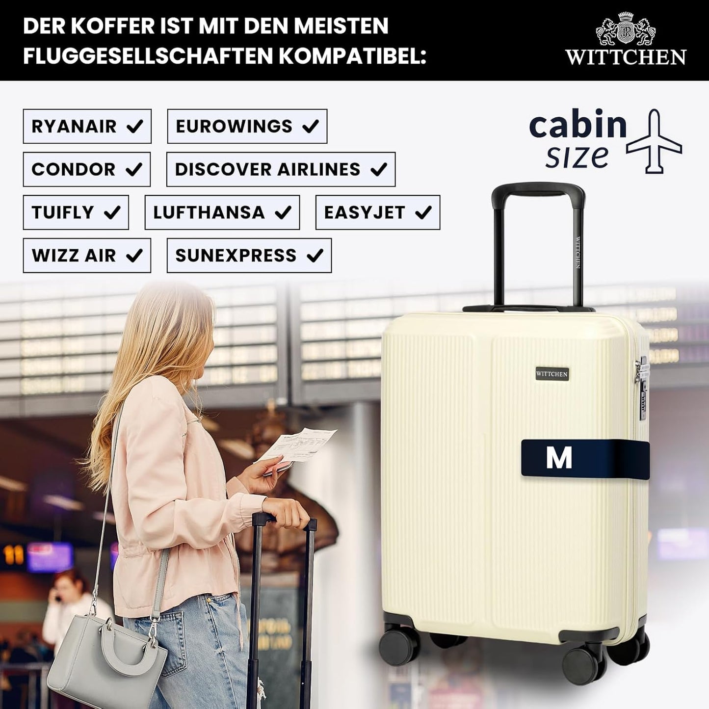 Hartschalen-Kabinenkoffer mit 4 Rollen & Zahlenschloss, Creme Kabinenkoffer - M
