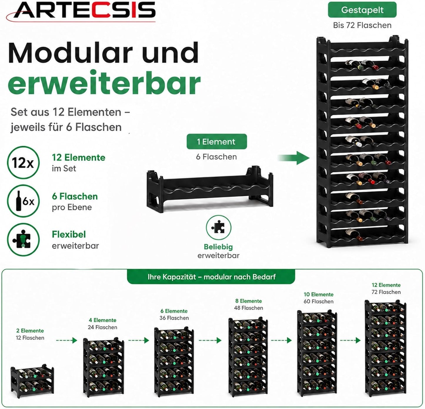 Stapelbares Weinregal für 12 Flaschen, Schwarz 12 Flaschen